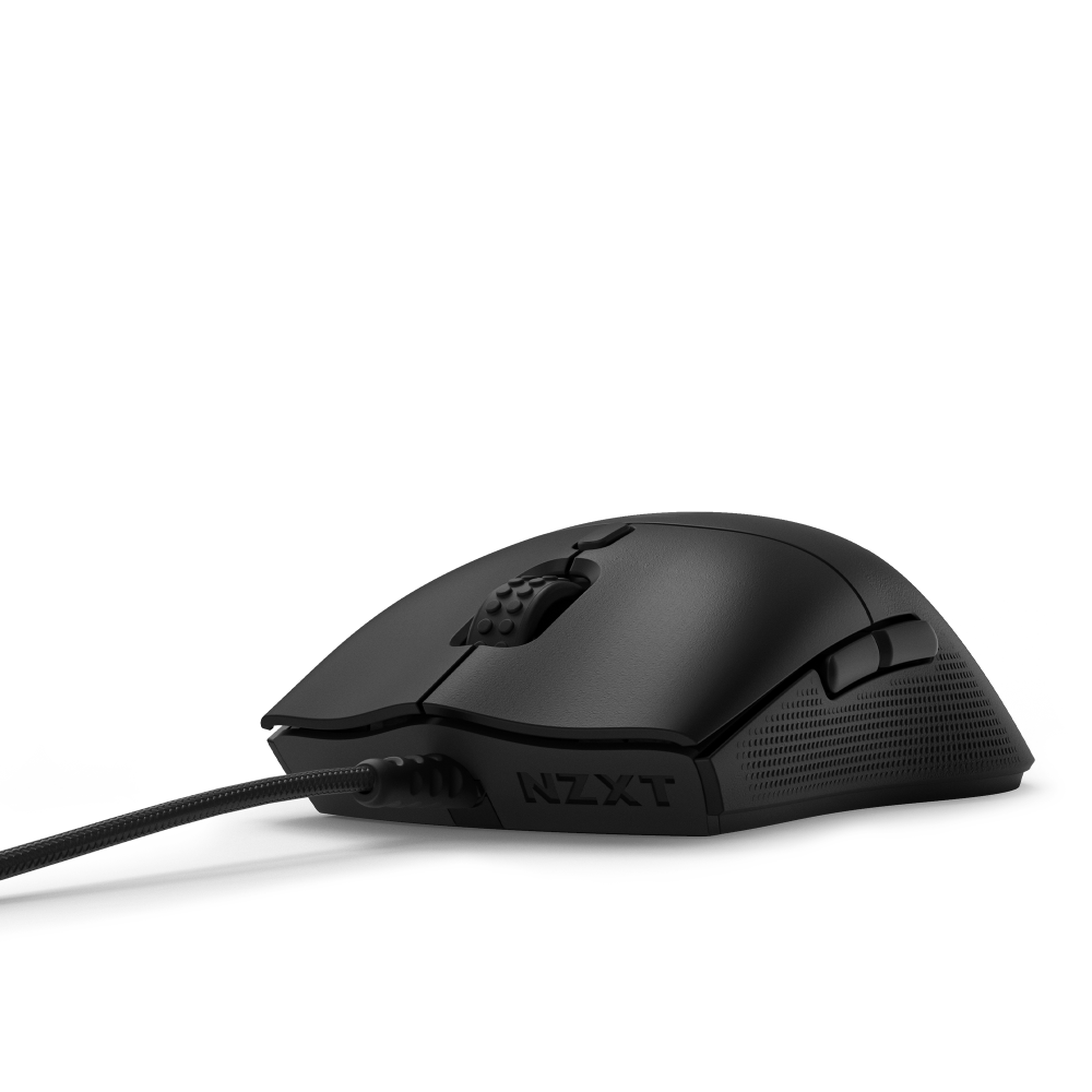 The NZXT Lift 2 Symm is a black wired mouse with an ergonomic design, optical switches, side buttons, a textured scroll wheel, and the NZXT logo on the side for precision and comfort.
