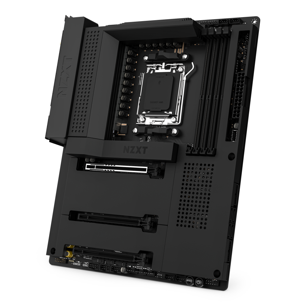 The NZXT N7 B650E motherboard is shown at an angle, highlighting its labeled RAM slots, CPU socket, PCIe slots, Wi-Fi 6E support, and various ports on a sleek black minimalist PCB design.