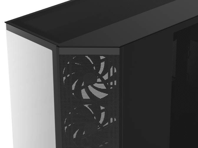 Close-up view of a black computer case with a mesh front panel showing two cooling fans inside. The case has a sleek, modern design with sharp edges and a partially visible glass side panel.