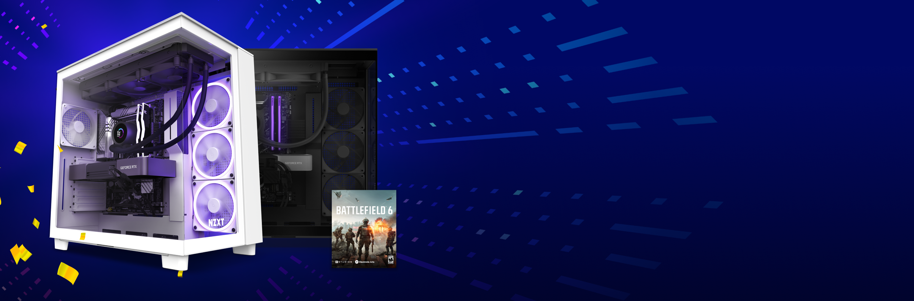 A white gaming PC with purple lighting next to a black PC and a copy of Battlefield 2042, set against a blue, tech-themed background with diagonal light streaks.