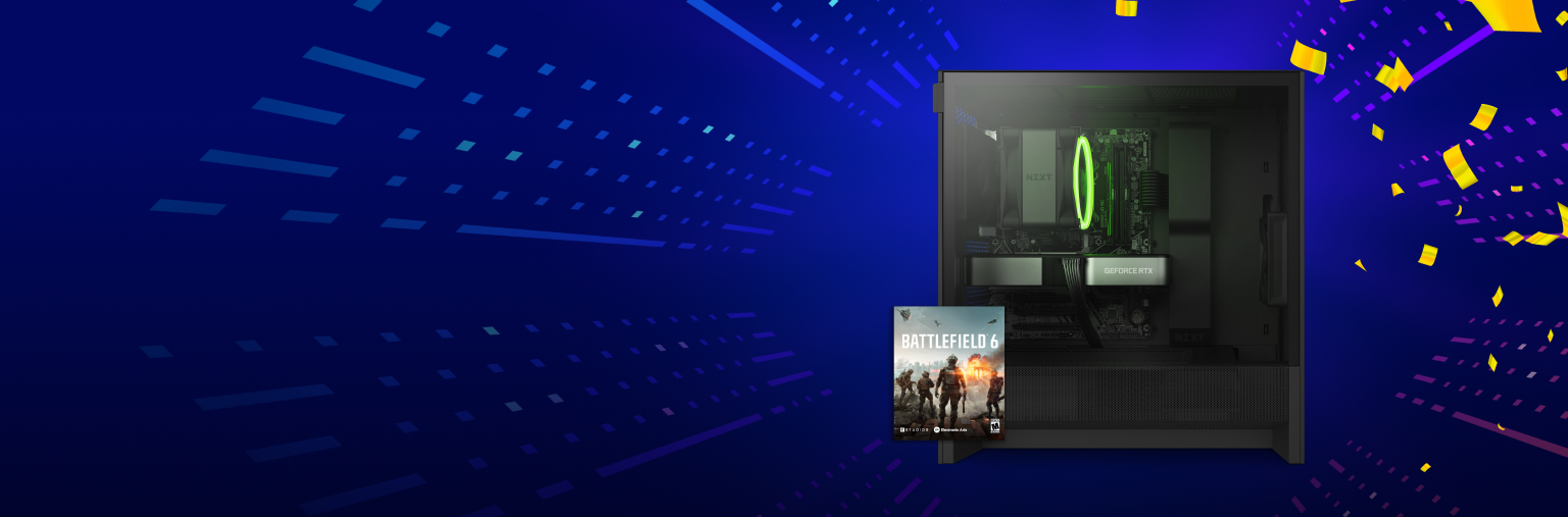 A gaming desktop with green lights and a Battlefield 2042 game case in front, set against a blue background with yellow and purple digital patterns.