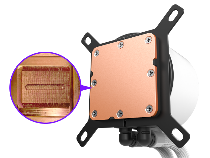A close-up view of a computer water cooling block with a copper base; an inset shows a magnified section of the copper surface with detailed micro-fin structure visible.