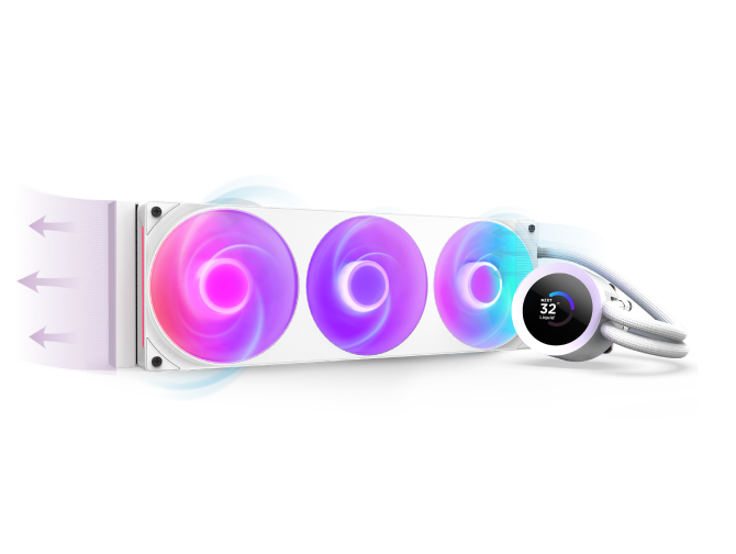 A white computer liquid cooling system with three large RGB fans glowing in pink, purple, and blue, and a circular digital display on the attached pump unit showing a temperature of 32 degrees.