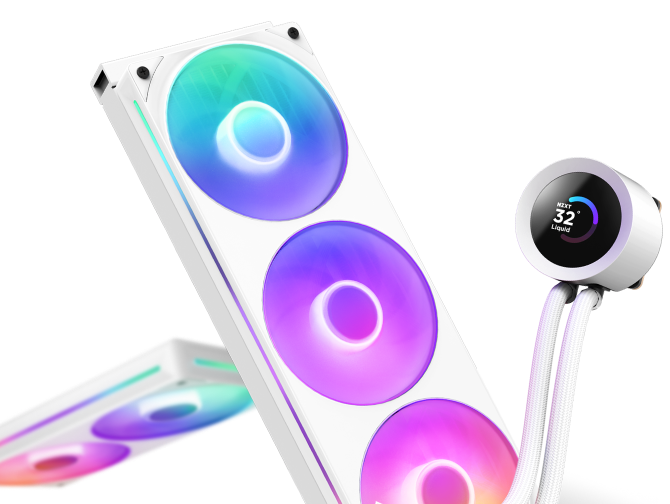A white liquid CPU cooler with three RGB-lit fans and a circular digital display showing a temperature of 32°C, connected by white tubes.