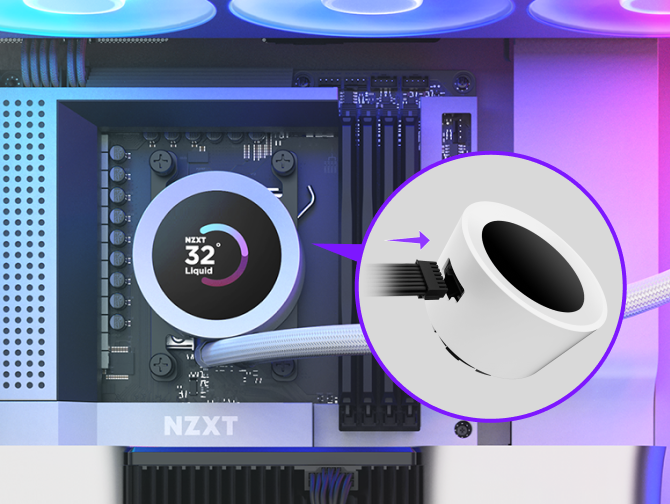A close-up of a computer CPU cooler displaying 32°C Liquid on a digital screen, with an inset showing a cable being plugged into a white circular port, highlighted by a purple arrow.