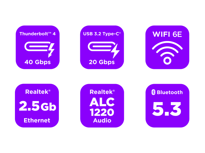 Six purple squares display white icons and text: Thunderbolt 4 (40 Gbps), USB 3.2 Type-C (20 Gbps), WIFI 6E, Realtek 2.5Gb Ethernet, Realtek ALC 1220 Audio, and Bluetooth 5.3.