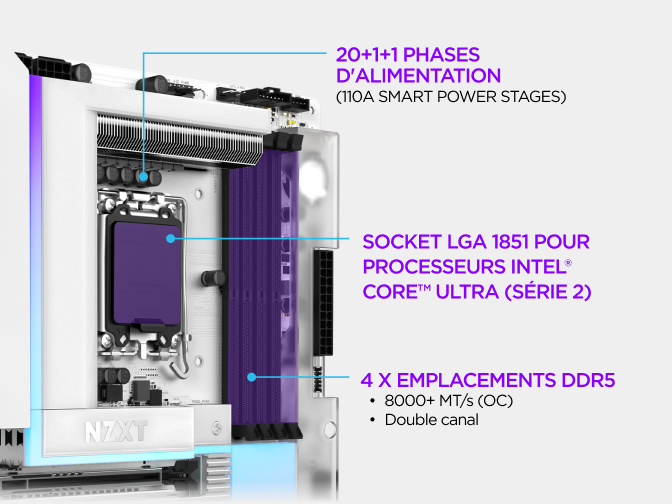 Gros plan de la carte mère NZXT N9 Z890 montrant son étage d'alimentation, son socket LGA 1851 pour processeurs Intel Core Ultra (Série 2) et ses quatre emplacements mémoire DDR5.