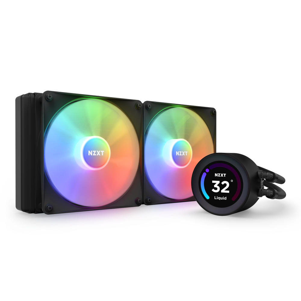 The NZXT Kraken Elite 280 RGB (2023) features two large black RGB-lit fans and a circular digital pump displaying “32° Liquid,” with vibrant multi-color lighting effects.