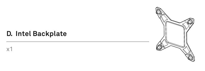 Black and white diagram of a compatible Intel backplate (labeled D, qty x1) for NZXT Kraken Intel Mounting Tools. Suitable for use with various NZXT SKUs.