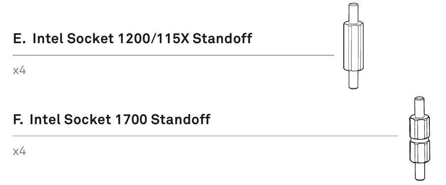 Diagram displaying two compatible standoffs from NZXT Kraken Intel Mounting Tools: Intel Socket 1200/115X Standoff (smooth, single section) and Intel Socket 1700 Standoff (with extra ridge), four pieces of each shown.