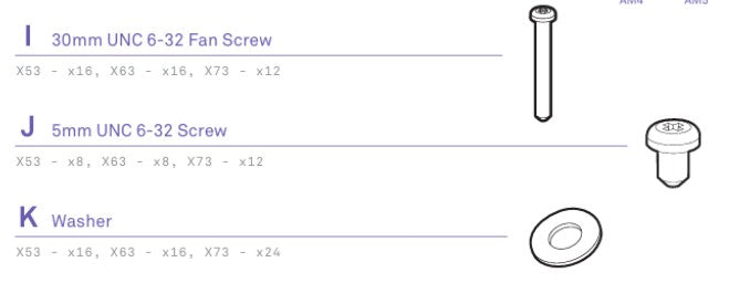 A diagram for the NZXT Kraken X Accessory Box + Cable Bag by NZXT shows a 30mm UNC 6-32 fan screw, a 5mm UNC 6-32 screw, and a washer, each with black-and-white illustrations and part numbers.