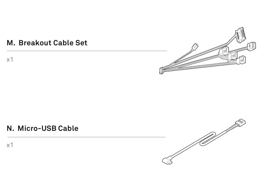 Illustration of two NZXT items: a breakout cable set, perfect for use with the Kraken X Accessory Box + Cable Bag, and a single micro-USB cable. Each item is labeled with its name and shown in a quantity of one.