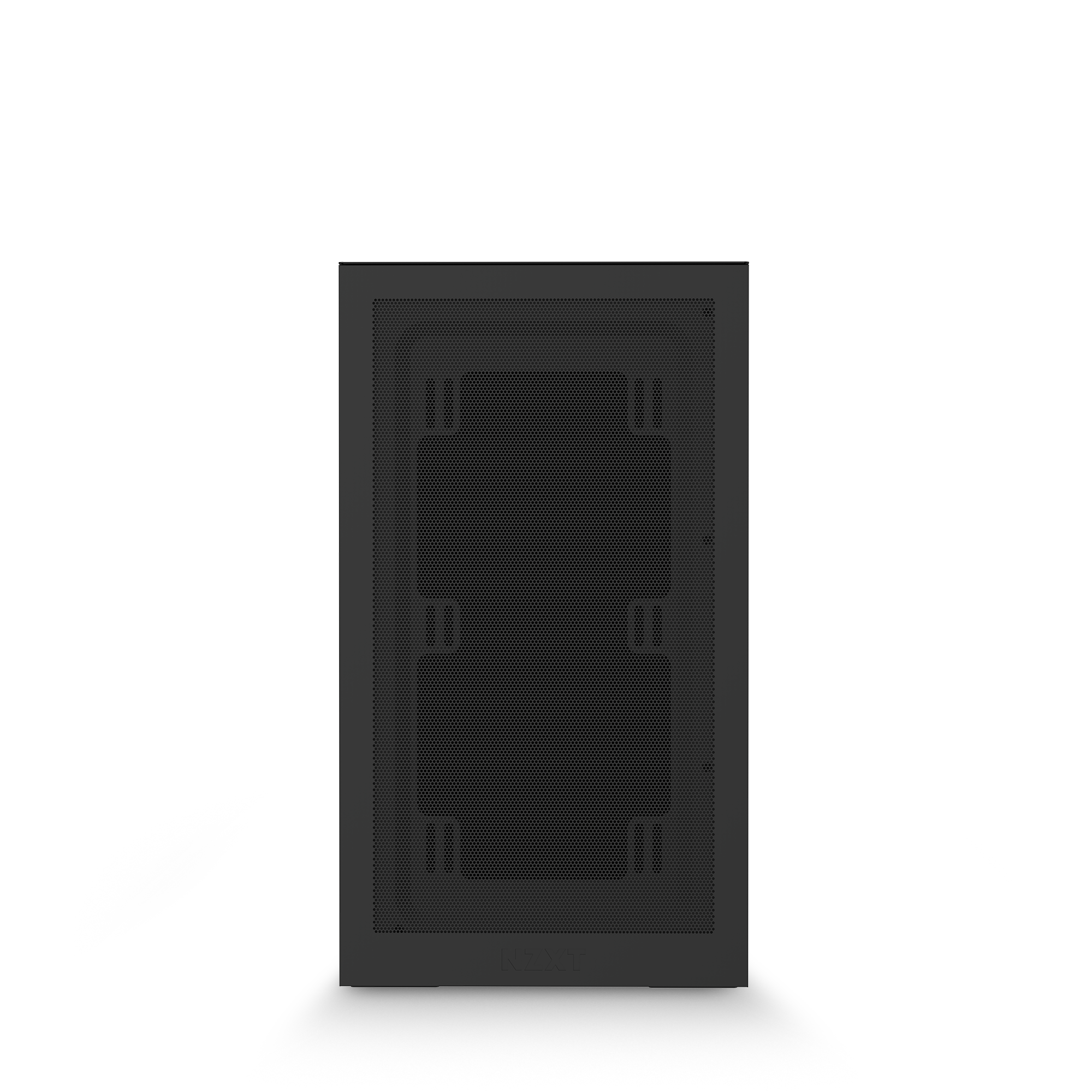 Front view of the NZXT Player One black rectangular gaming PC case with a mesh panel and ventilation holes, perfect for NVIDIA GeForce RTX 3050 builds and smooth 1080p gameplay, shown against a plain white background.