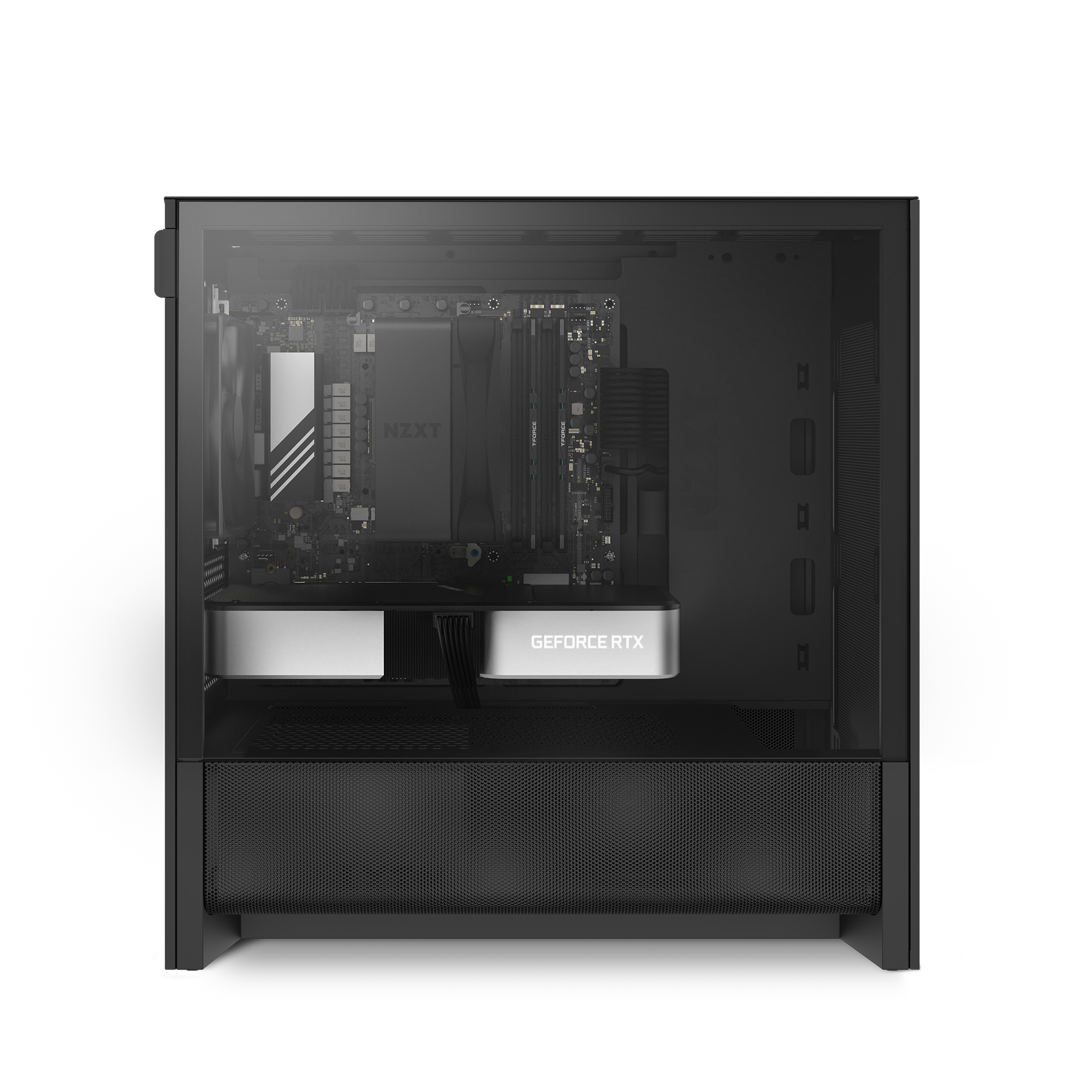 A side view of the NZXT Player One black gaming PC case with a transparent panel shows off internal components like the motherboard, RAM, and NVIDIA GeForce RTX 3050—ideal for smooth 1080p gameplay. The tidy interior emphasizes its quality build.