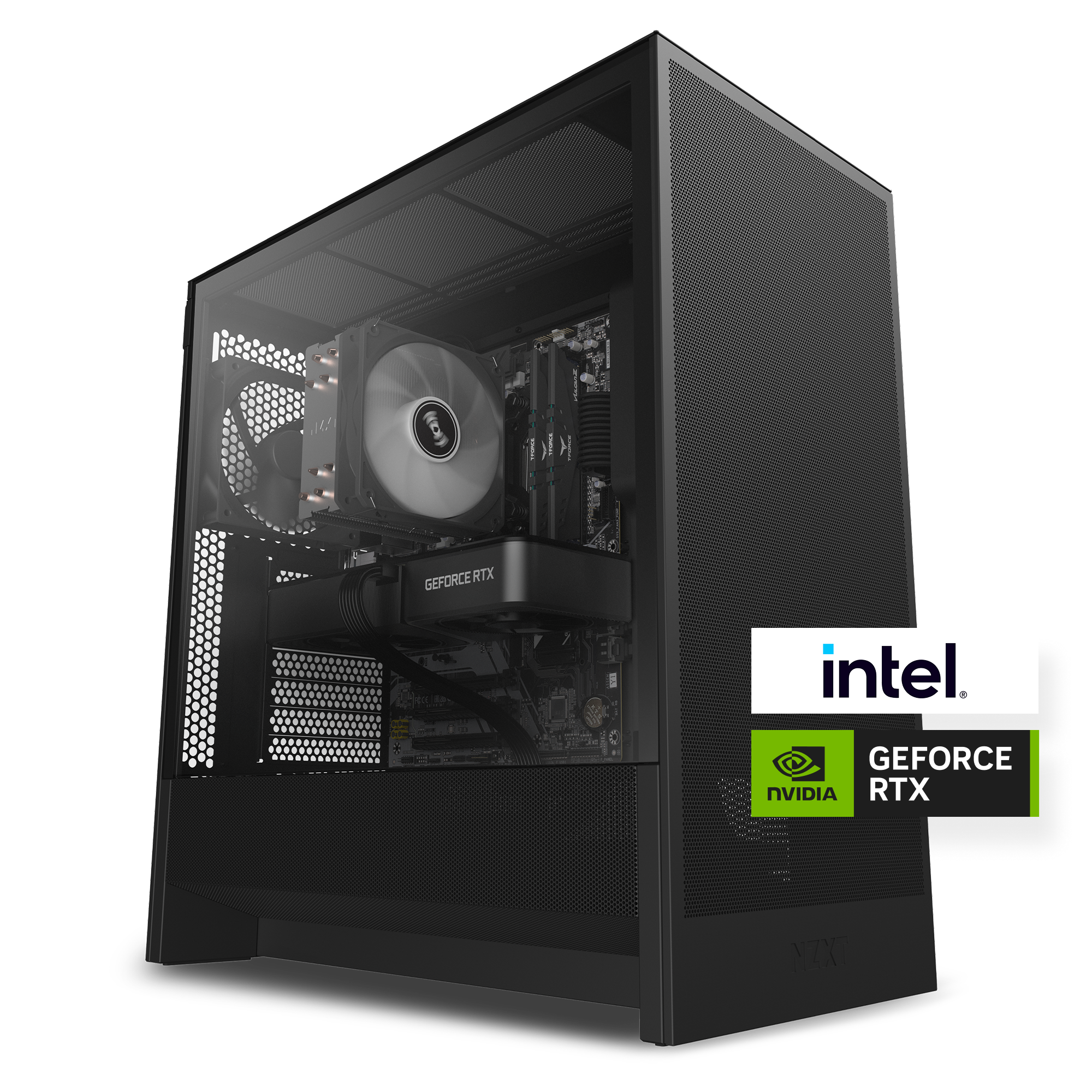The NZXT Player One Prime is a sleek black gaming desktop with a transparent side panel, featuring an Intel processor and NVIDIA GeForce RTX 5060 Ti graphics—ideal for top-tier 1080p gaming. Intel and NVIDIA GeForce RTX logos are shown next to the system.