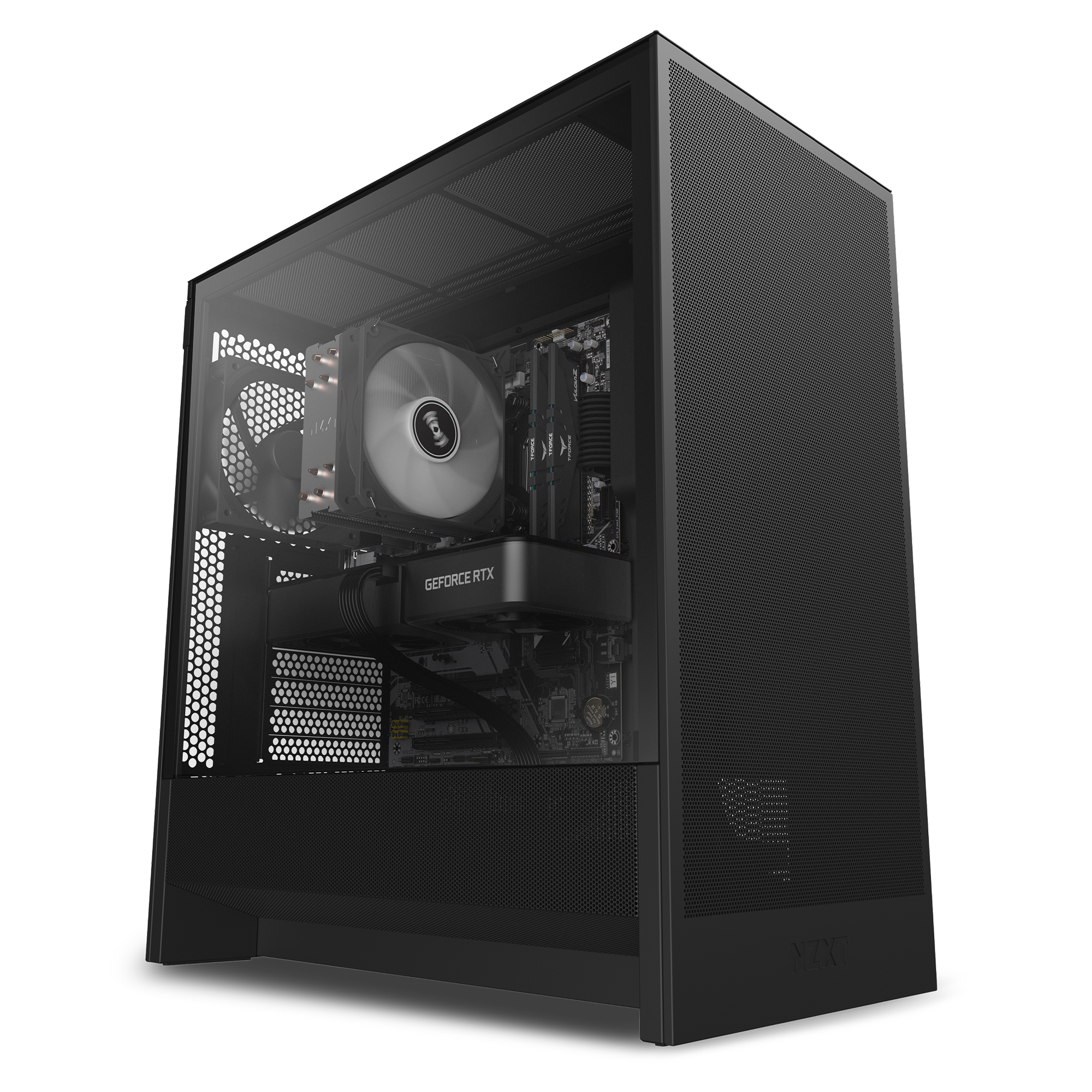 The NZXT Player One Prime is a sleek black gaming PC tower with a transparent side panel, mesh front for ventilation, a large cooling fan, and an NVIDIA GeForce RTX 5060 Ti—ideal for high-refresh gaming.