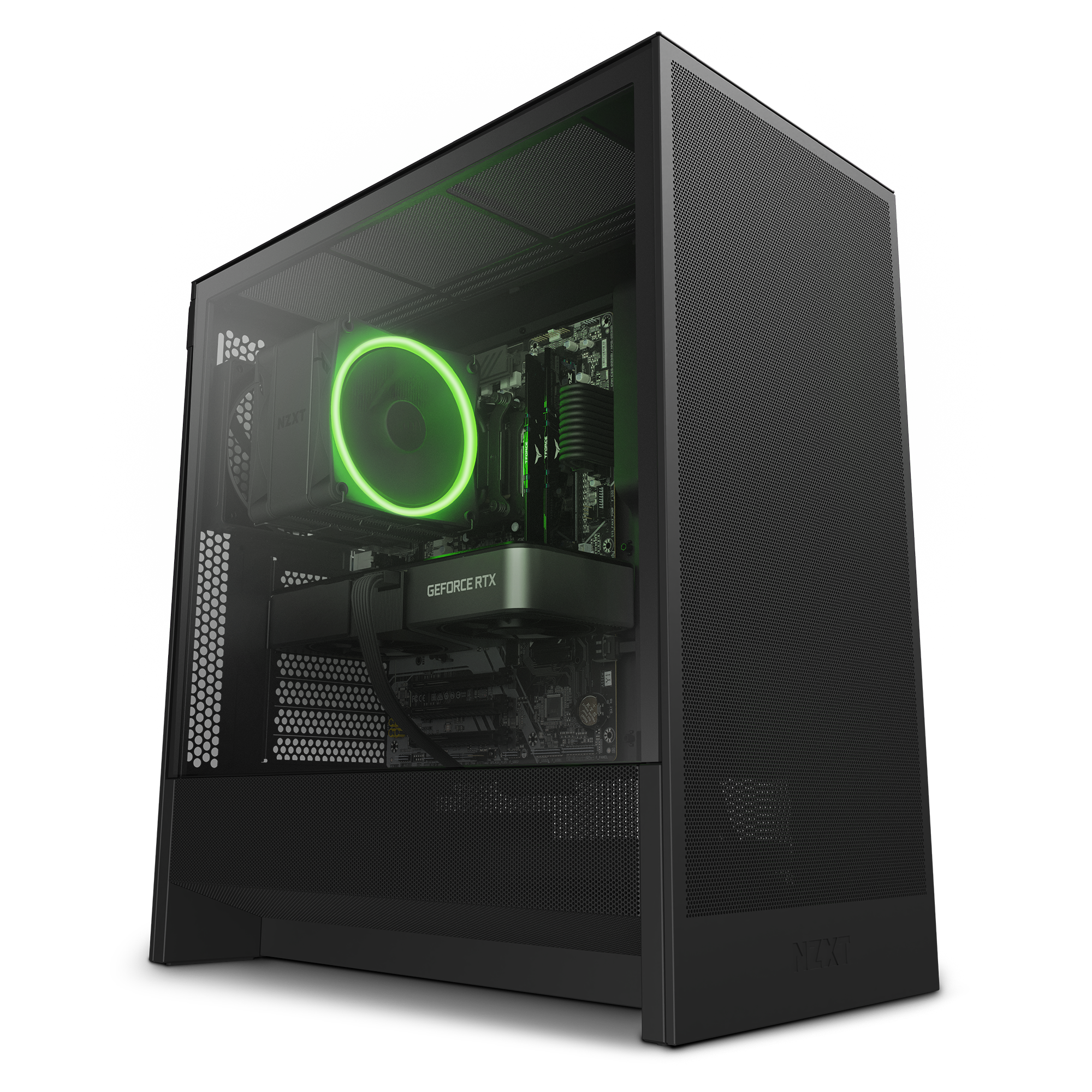 The NZXT Player One Prime is a modern gaming desktop with a transparent side panel, featuring an Intel Core i5-14400F and NVIDIA GeForce RTX graphics, plus a CPU cooler with a glowing green LED ring.