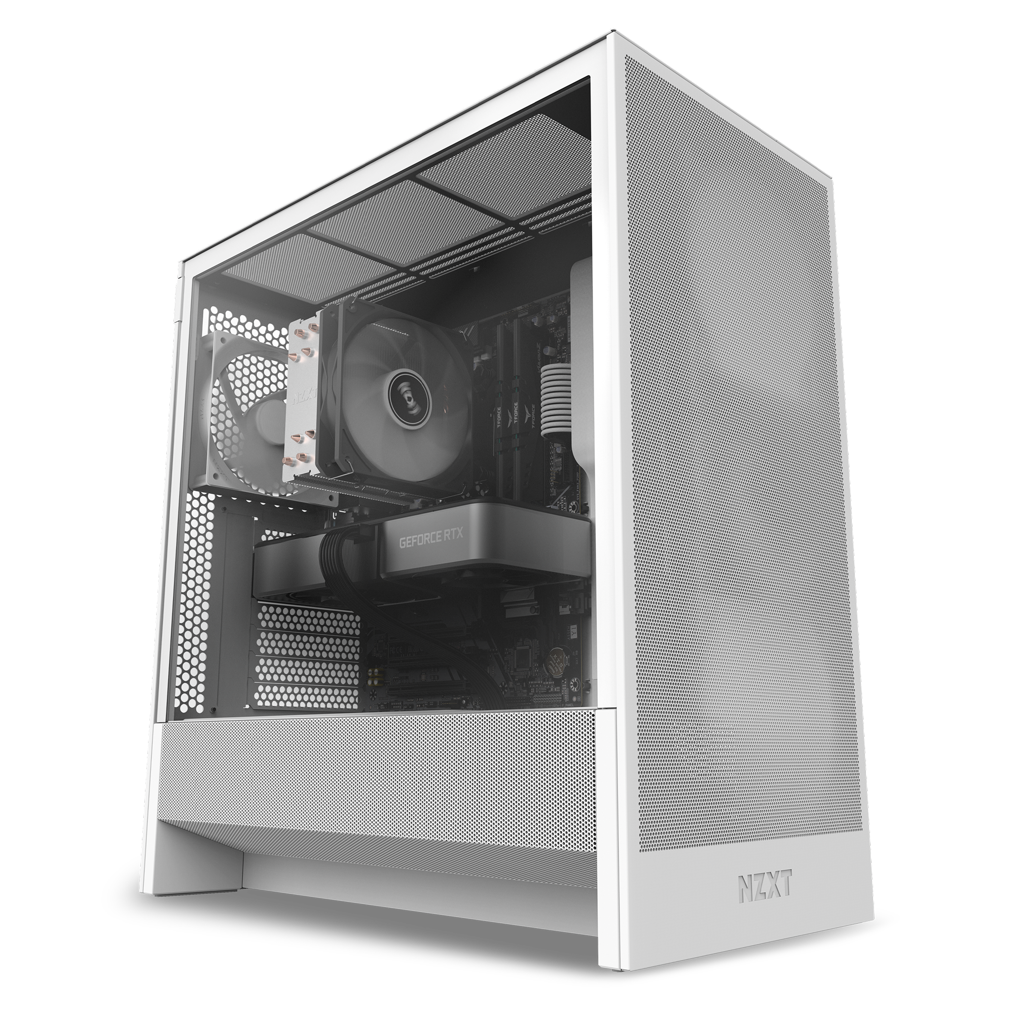The NZXT Player One Prime is a white gaming PC case with a transparent side panel and mesh front for airflow, revealing neat cables and an NVIDIA GeForce RTX 5060 Ti—perfect for 1080p, high-refresh gaming.