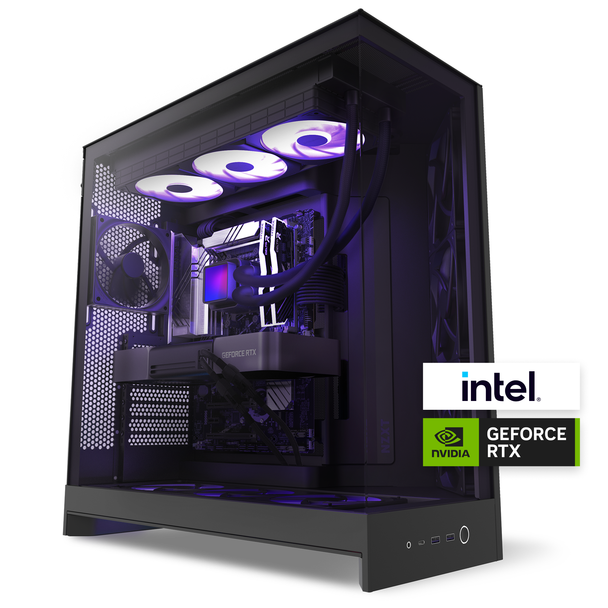 The NZXT Flex Three Subscription PC is a high-performance desktop gaming rig with a transparent glass side panel, RGB lighting, liquid cooling, Intel branding, and an NVIDIA GeForce RTX graphics card—all glowing with vibrant purple lights.