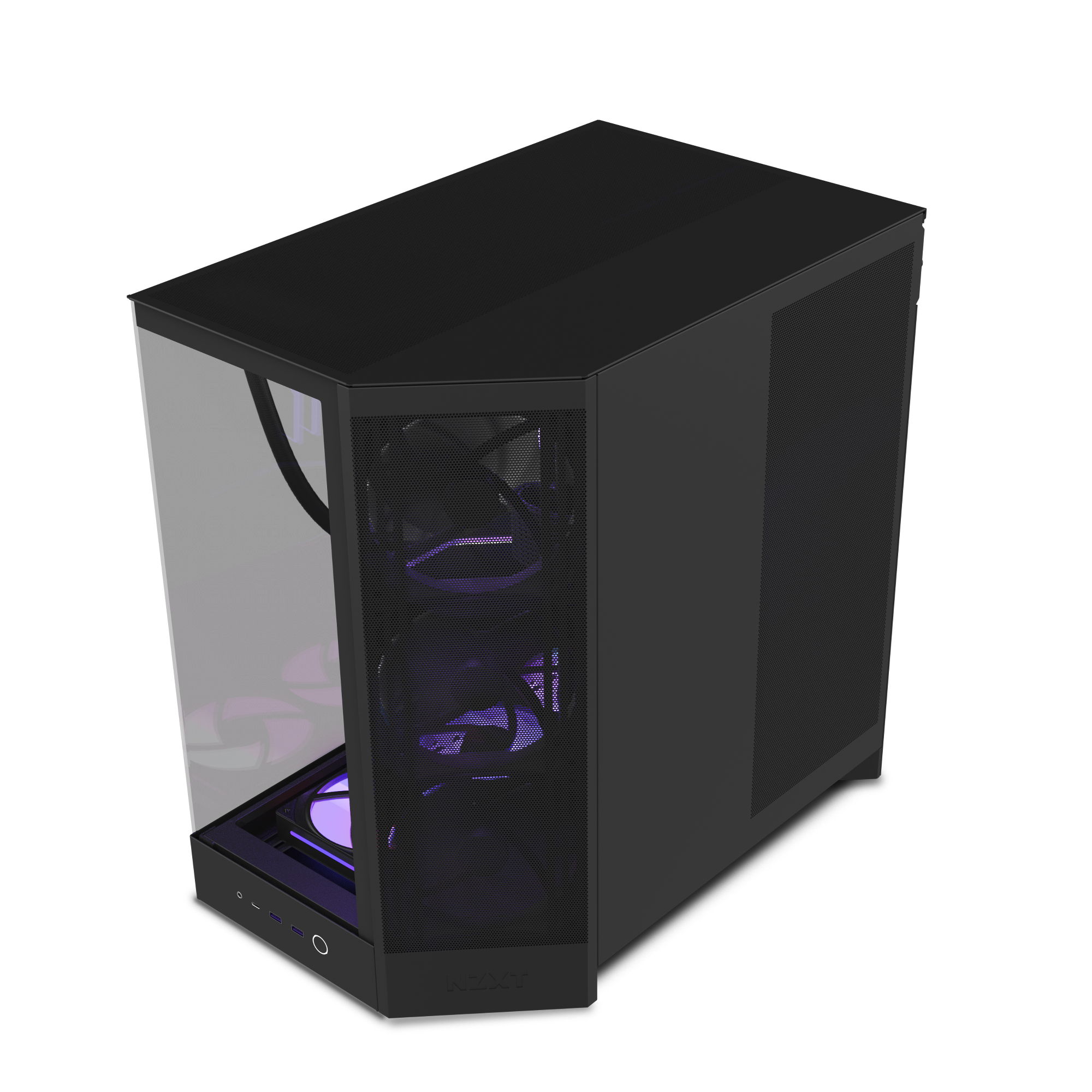 The NZXT Flex Three Subscription PC tower features a glass side panel showcasing internal cooling fans with purple LED lights, all set against a plain white background—ideal for high-performance setups.