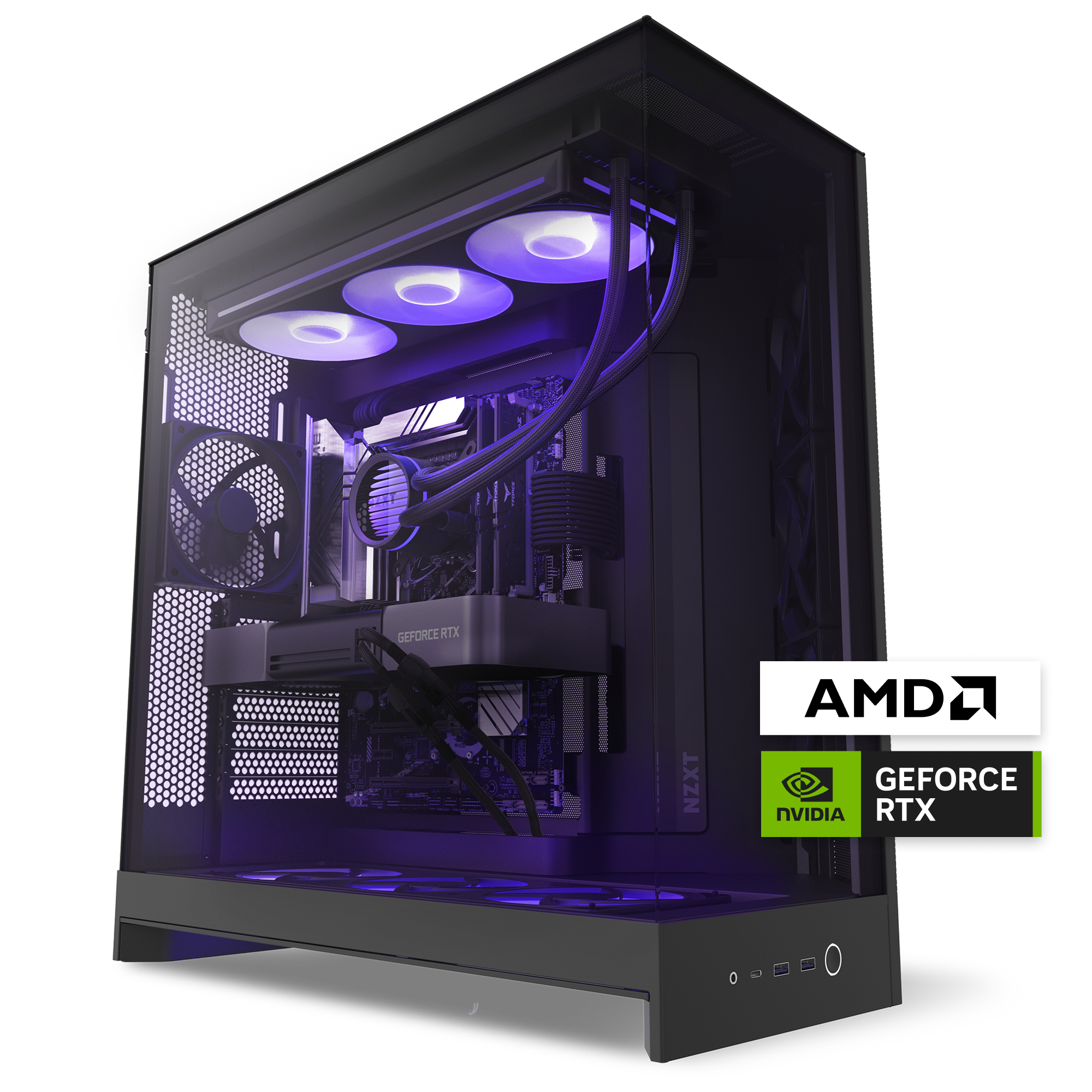 The NZXT Player Three is a sleek, high-performance gaming PC with purple LED lighting, visible cooling fans and cables, and a graphics card—perfect for 4K gaming. AMD and NVIDIA GeForce RTX 5080 logos appear in the lower right corner.