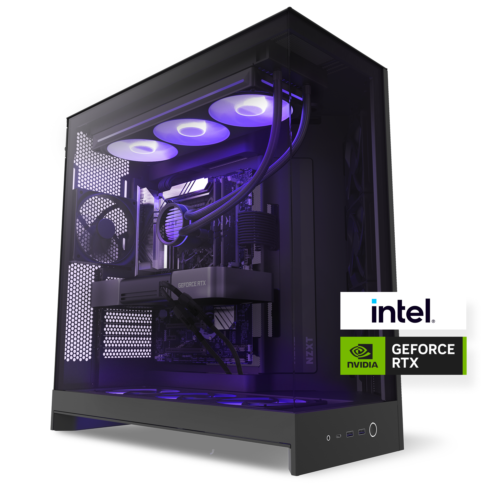 The NZXT Player Three is a high-performance black gaming PC with purple LED lighting, liquid cooling, and visible components. Optimized for 4K gaming, it features NVIDIA GeForce RTX 5080 and Intel logos in the corner.