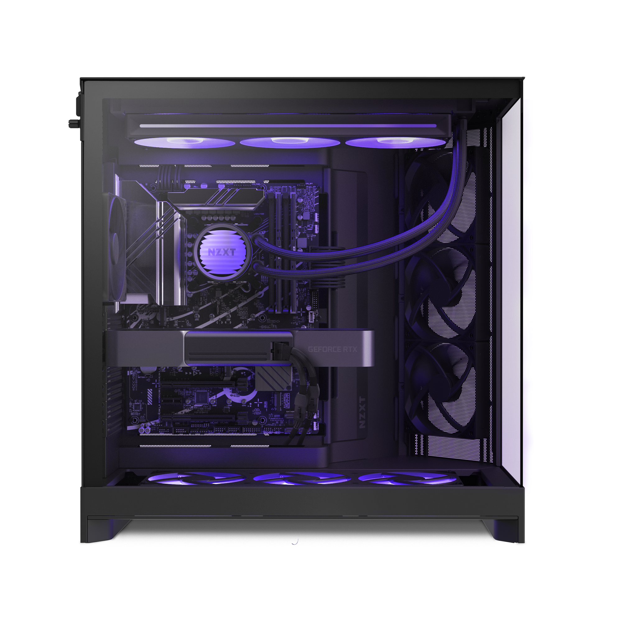 The NZXT Player Three is a high-performance gaming PC with purple LED lighting in a clear-sided black case, featuring an NVIDIA GeForce RTX 5080, NZXT liquid cooler, and multiple fans—ideal for immersive 4K gaming.