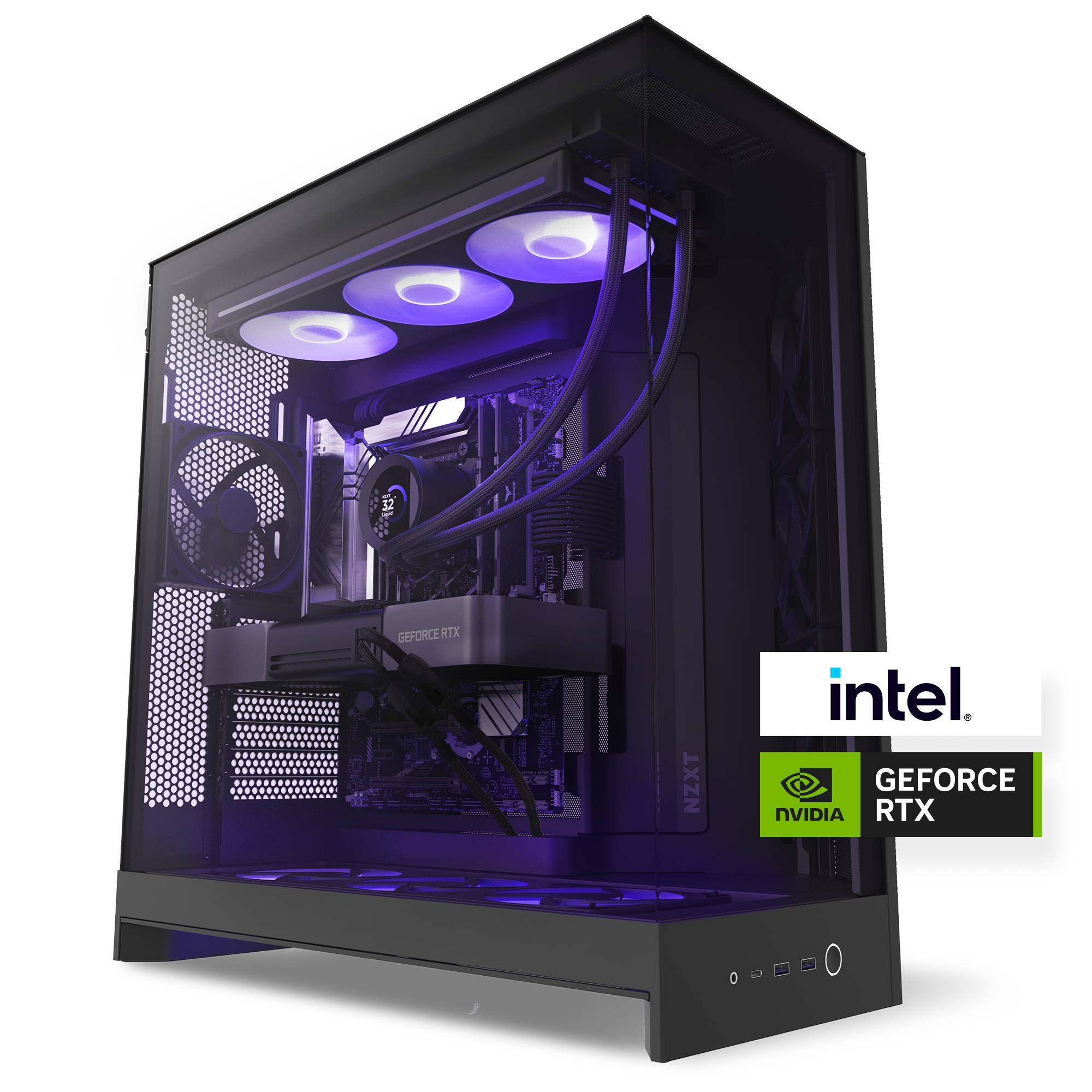 The NZXT Player Three Prime is a high-performance gaming PC with purple LED lighting, Intel processor, NVIDIA GeForce RTX 5090, and a sleek black case with transparent side panel—perfect for smooth 4K gaming.
