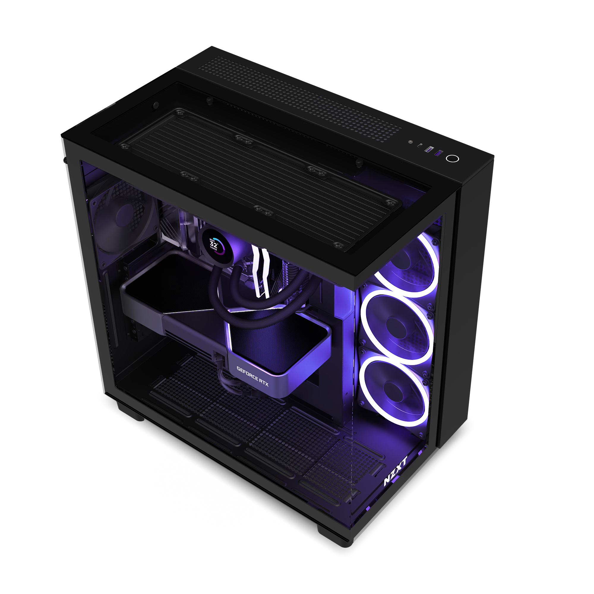 The NZXT Player Three Prime is a black gaming PC case with a transparent side panel, Intel Core Ultra 9 285K, purple LED front fans, and a circular CPU cooler screen—ideal for high-performance 1440p gaming.