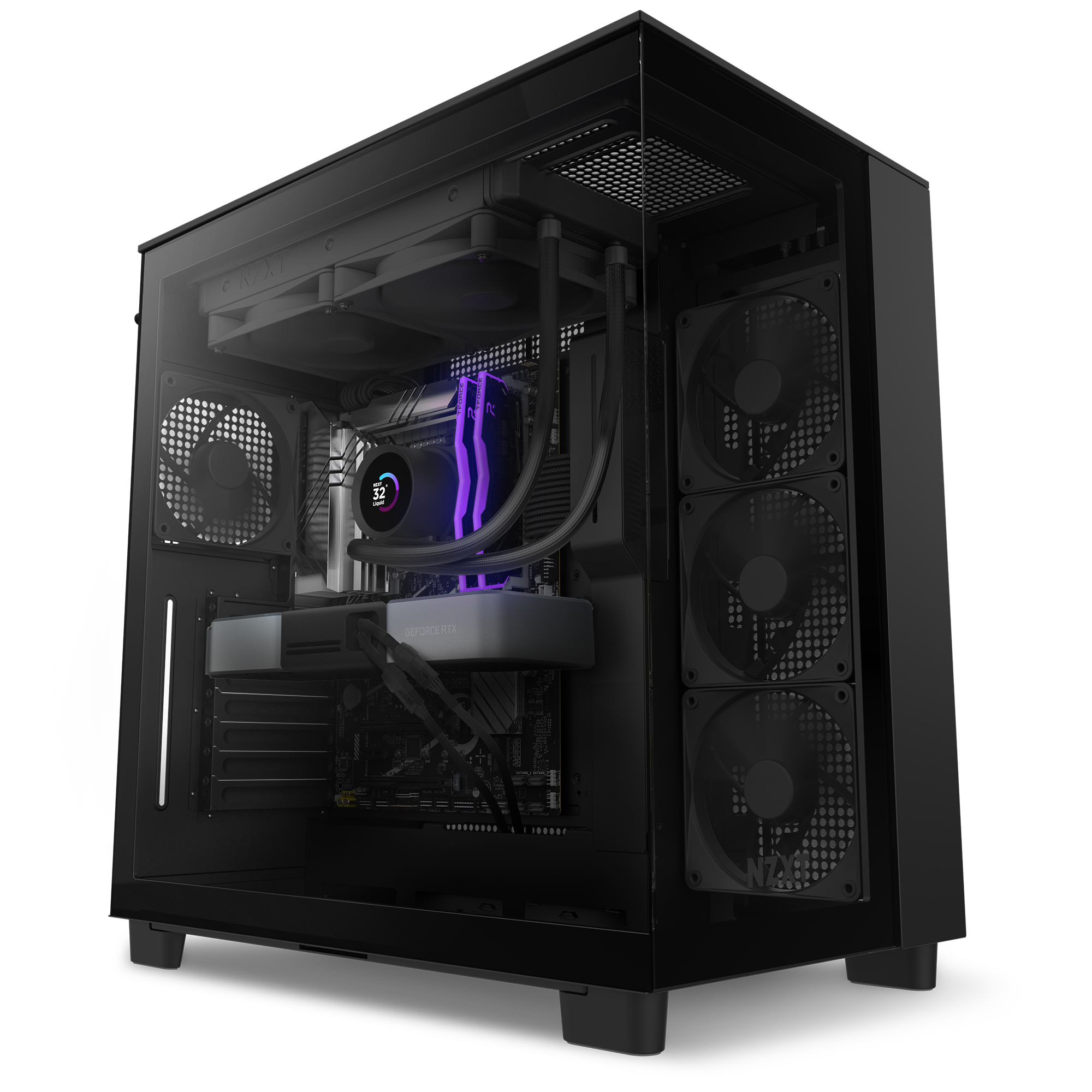 The Refurbished Custom Build - #8334 by NZXT features a black prebuilt case with a transparent side panel showcasing cooling fans, an RGB CPU cooler, graphics card, and motherboard. Cables are neatly managed. Includes a 2-year warranty.