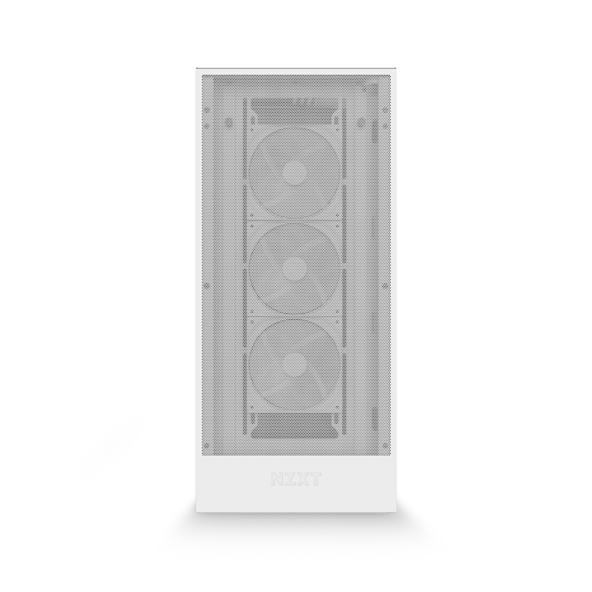 A front view of the NZXT Flex Two Subscription PC in white shows its mesh panel and three vertically aligned cooling fans, making it ideal for high-performance PC builds.