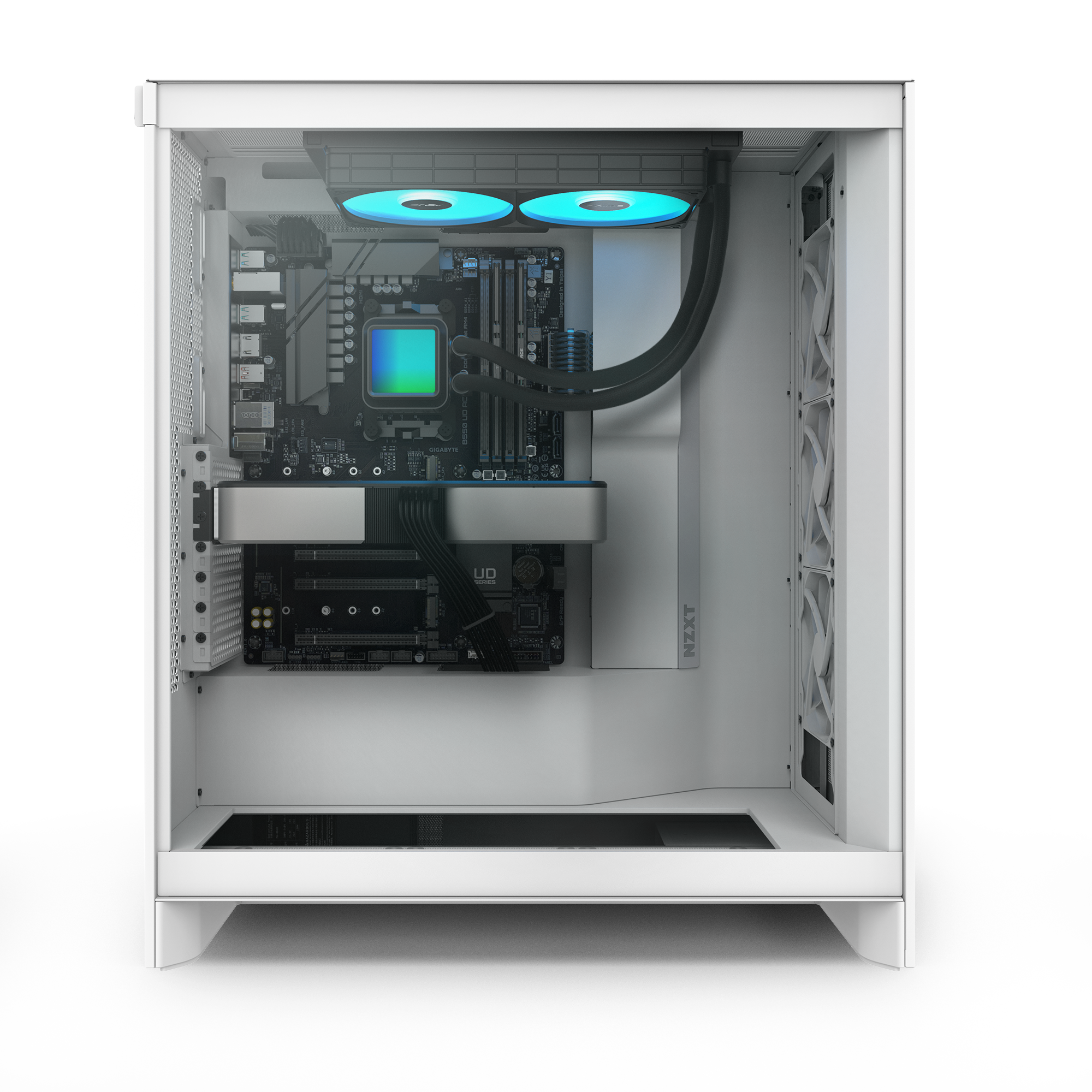 The NZXT Flex Two Subscription PC features a white case with a transparent side panel, showcasing its motherboard, graphics card, two blue-lit cooling fans, and tidy cables—a stylish high-performance desktop.