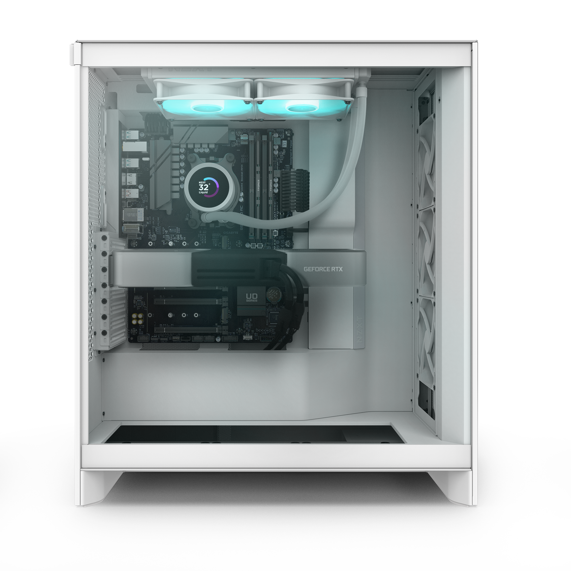 The NZXT Player Two Prime is a white gaming PC case with a clear side panel, RGB liquid cooling, dual fans, a circular CPU cooler display, tidy white cables, and an NVIDIA GeForce RTX 5070 Ti graphics card.