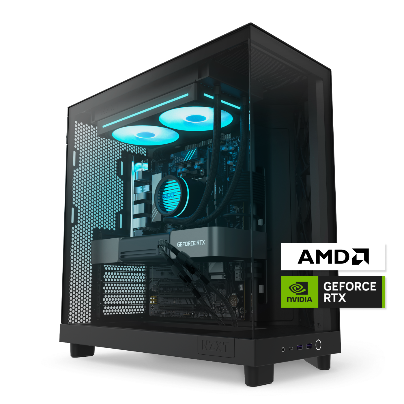 The NZXT Player Two is a modern desktop gaming PC with a glass side panel showing blue LED-lit components. AMD and GeForce RTX 5070 logos highlight its powerful 1440p gaming performance.