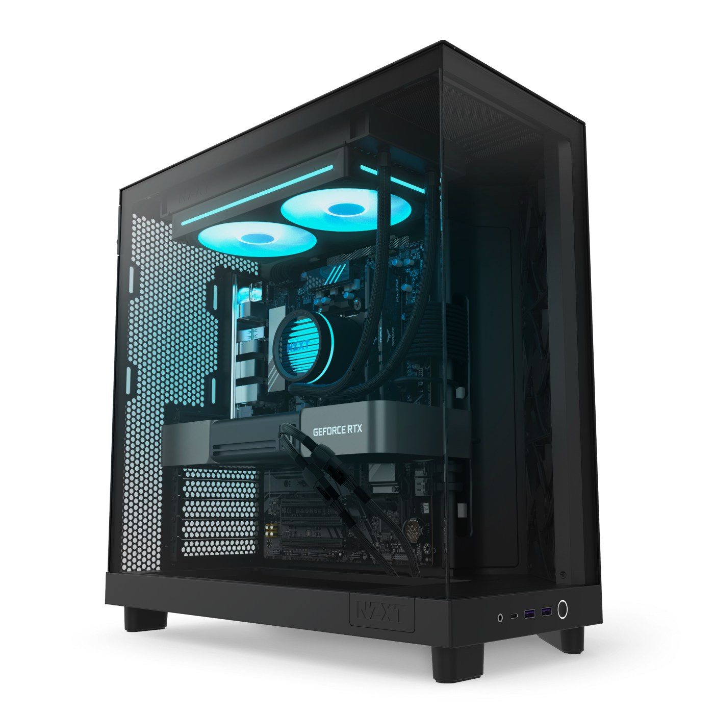 The NZXT Player Two is a sleek black gaming PC with a transparent side panel, blue LED accents, front USB ports, cooling fans, and a GeForce RTX 5070 for powerful 1440p gaming—all in a modern design that shows off its impressive internals.