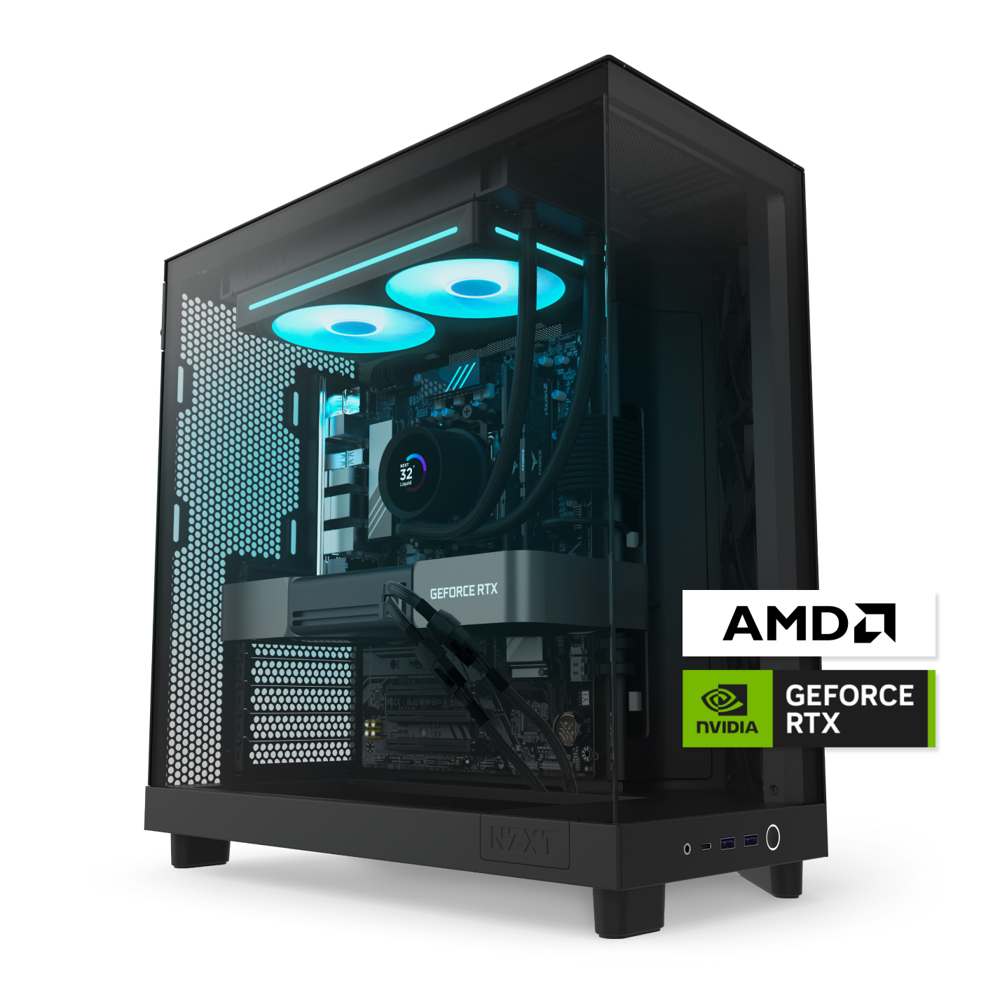 The NZXT Player Two Prime is a sleek gaming PC with a clear side panel highlighting RGB-lit fans, an AMD processor, and an NVIDIA GeForce RTX 5070 Ti—ideal for smooth 1440p gaming. AMD and GeForce RTX logos are featured in the corner.