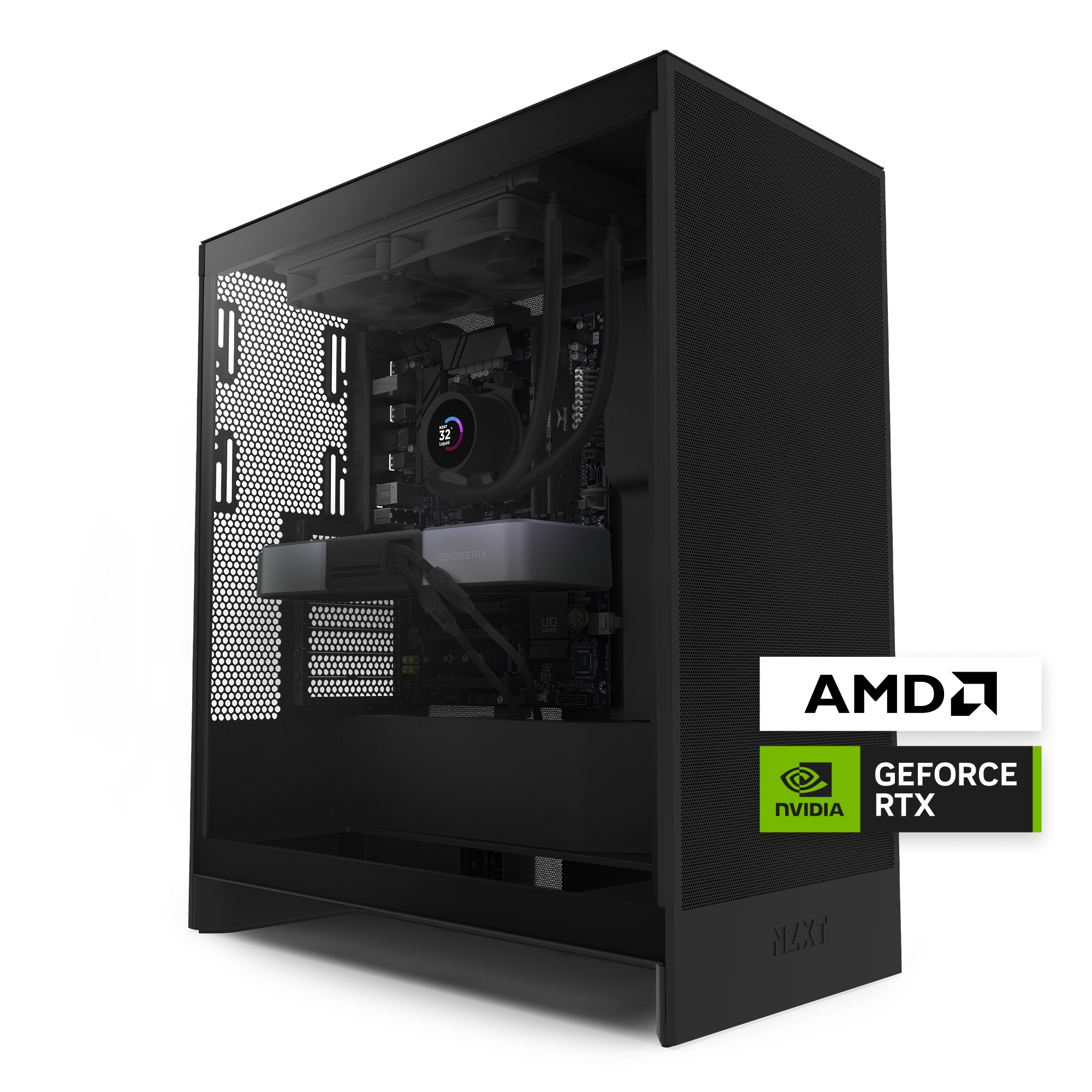 An angled view shows the NZXT Flex Two Subscription PC in black, featuring visible cooling fans and graphics card. AMD and NVIDIA GeForce RTX logos appear in the corner.