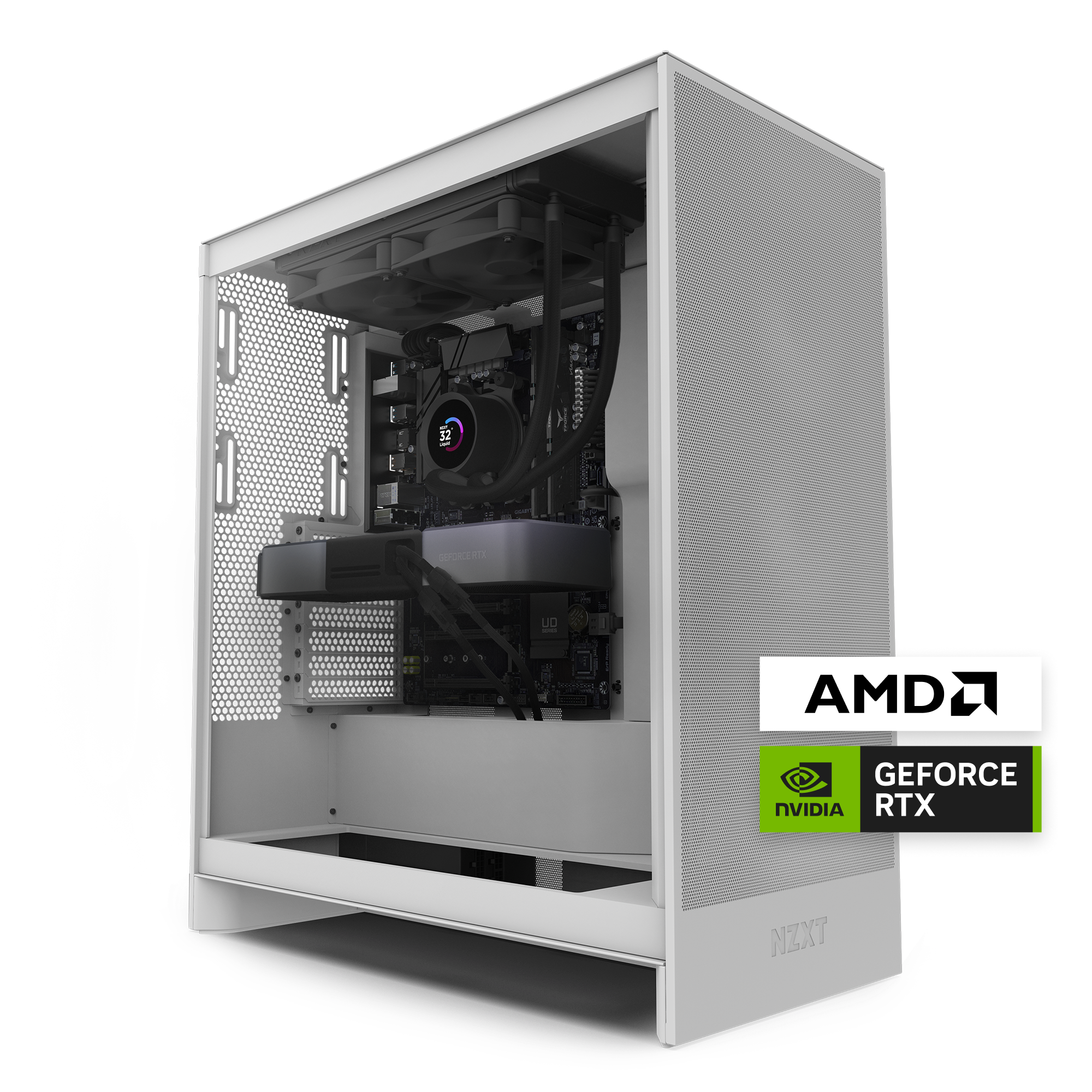 The NZXT Flex Two Subscription PC in white features a powerful AMD processor, NVIDIA GeForce RTX graphics, and liquid cooling, with AMD and NVIDIA GeForce RTX logos displayed in the corner.