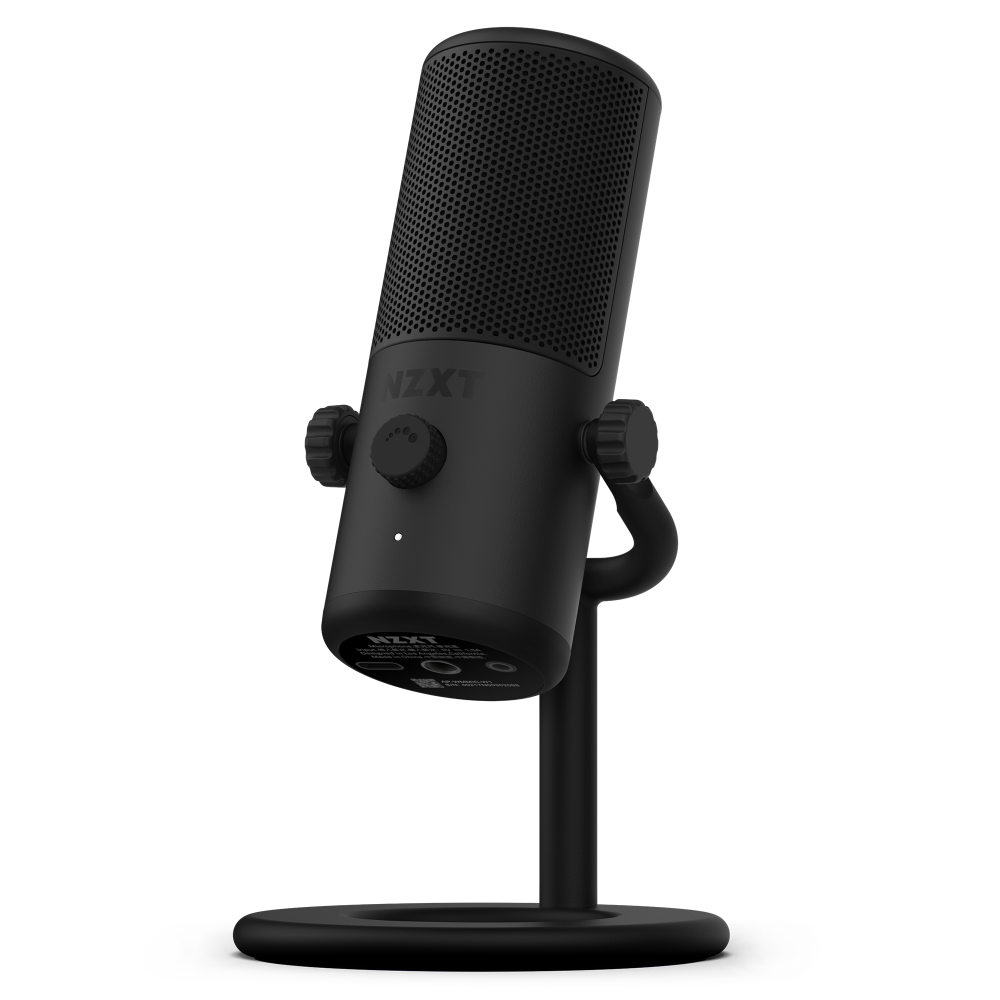 The NZXT Capsule Mini is a black USB microphone with a mesh grille, volume dial, and indicator light on an adjustable stand with a circular base—perfect for content creation or gaming streams. The NZXT logo appears on the front.