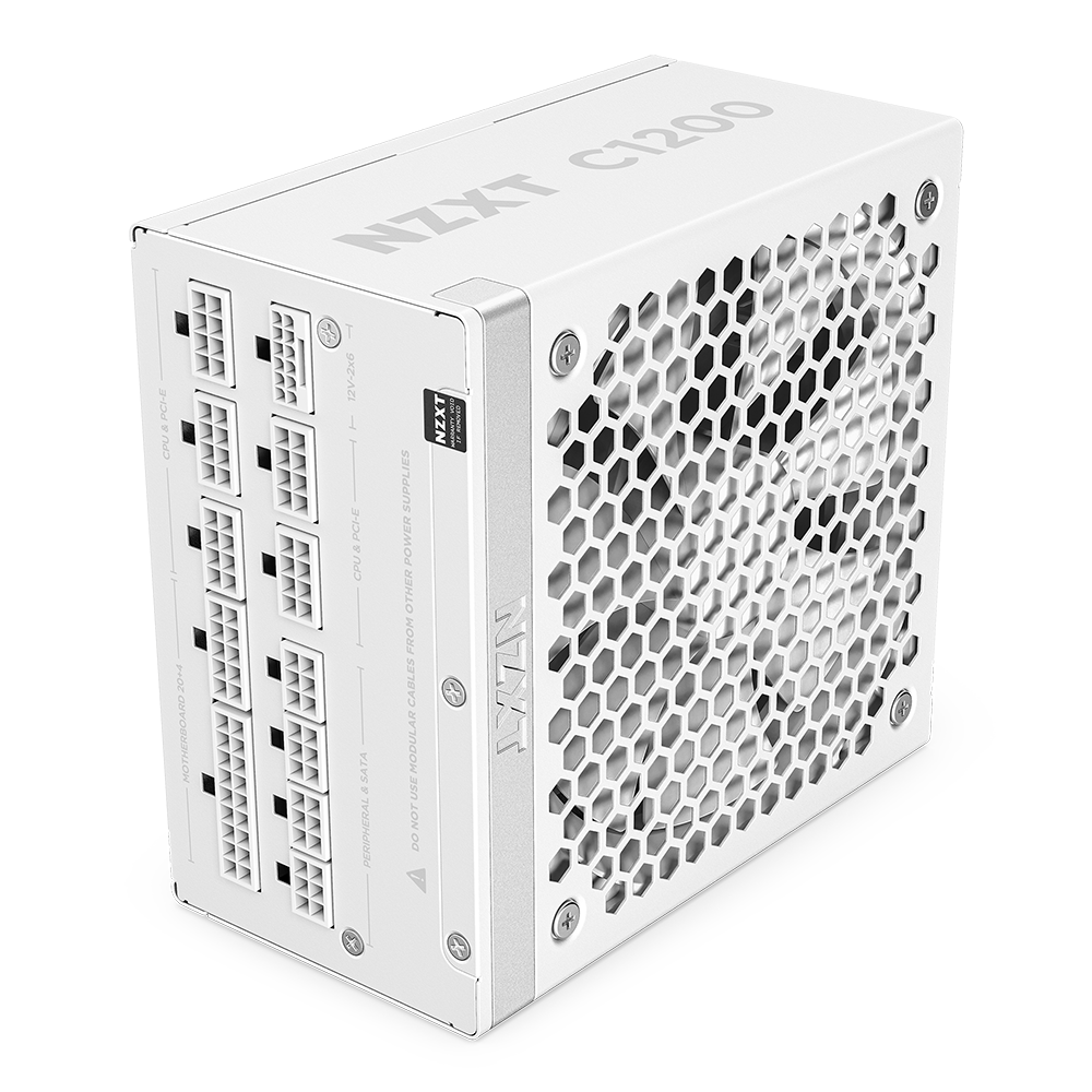 The NZXT C1200 Gold ATX 3.1 PSU has a honeycomb ventilation grill and modular cable ports, supporting Gold ATX 3.1 standards—perfect for powering high-performance components like the NVIDIA GeForce RTX 50 Series.