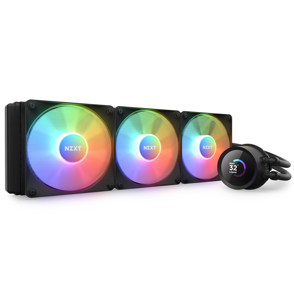 The NZXT Kraken 360 RGB is a triple-fan liquid cooler featuring vibrant RGB lighting and an LCD screen pump showing 32°C. Its black tubing, fans, and pump provide optimal cooling and integrate seamlessly with NZXT CAM software.