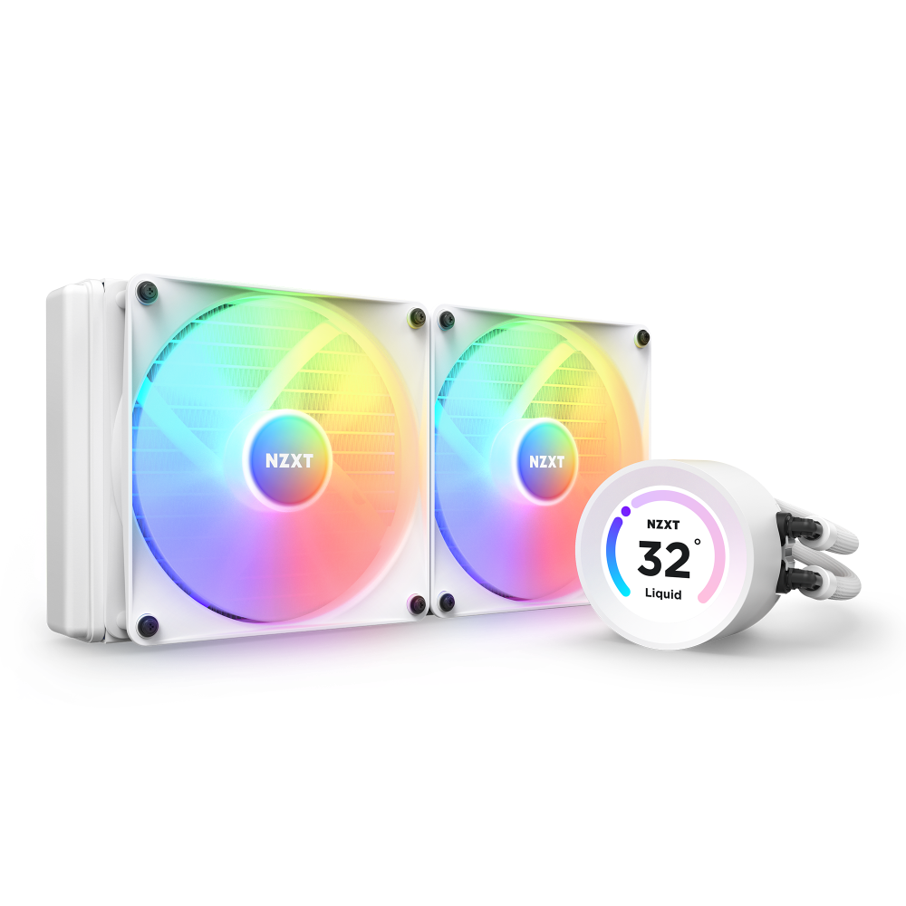 The NZXT Kraken Elite 280 RGB (2023) is a white liquid CPU cooler featuring two large RGB fans and a round digital display showing 32° liquid temperature with vibrant lighting effects.
