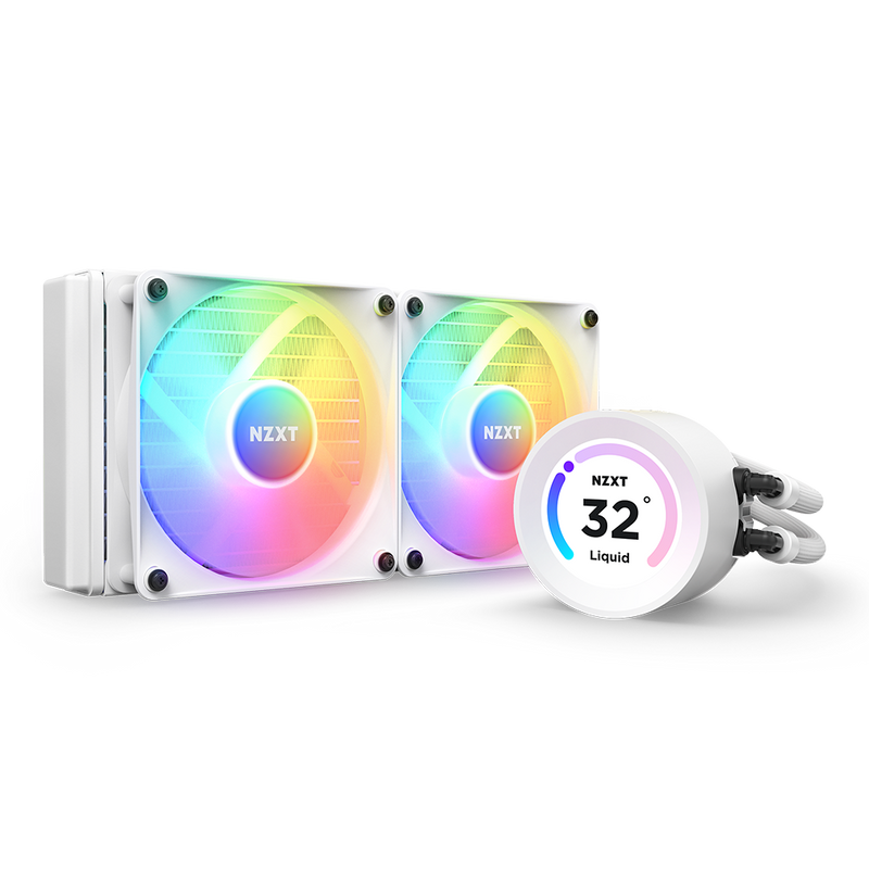The NZXT Kraken Elite 240 RGB (2023) is a white dual-fan liquid CPU cooler featuring multicolor RGB lighting and a circular pump display showing 32° Liquid, connected by tubes.