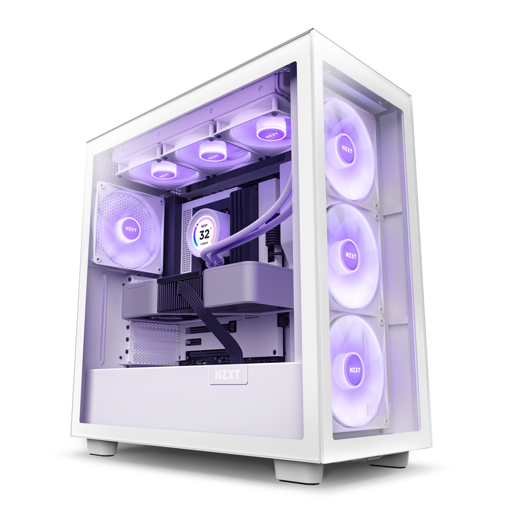 The NZXT H7 Elite is a white gaming PC case featuring a transparent side panel, tempered glass front, purple LED fans, liquid cooling support, digital interior display, and intuitive cable management for a tidy build.