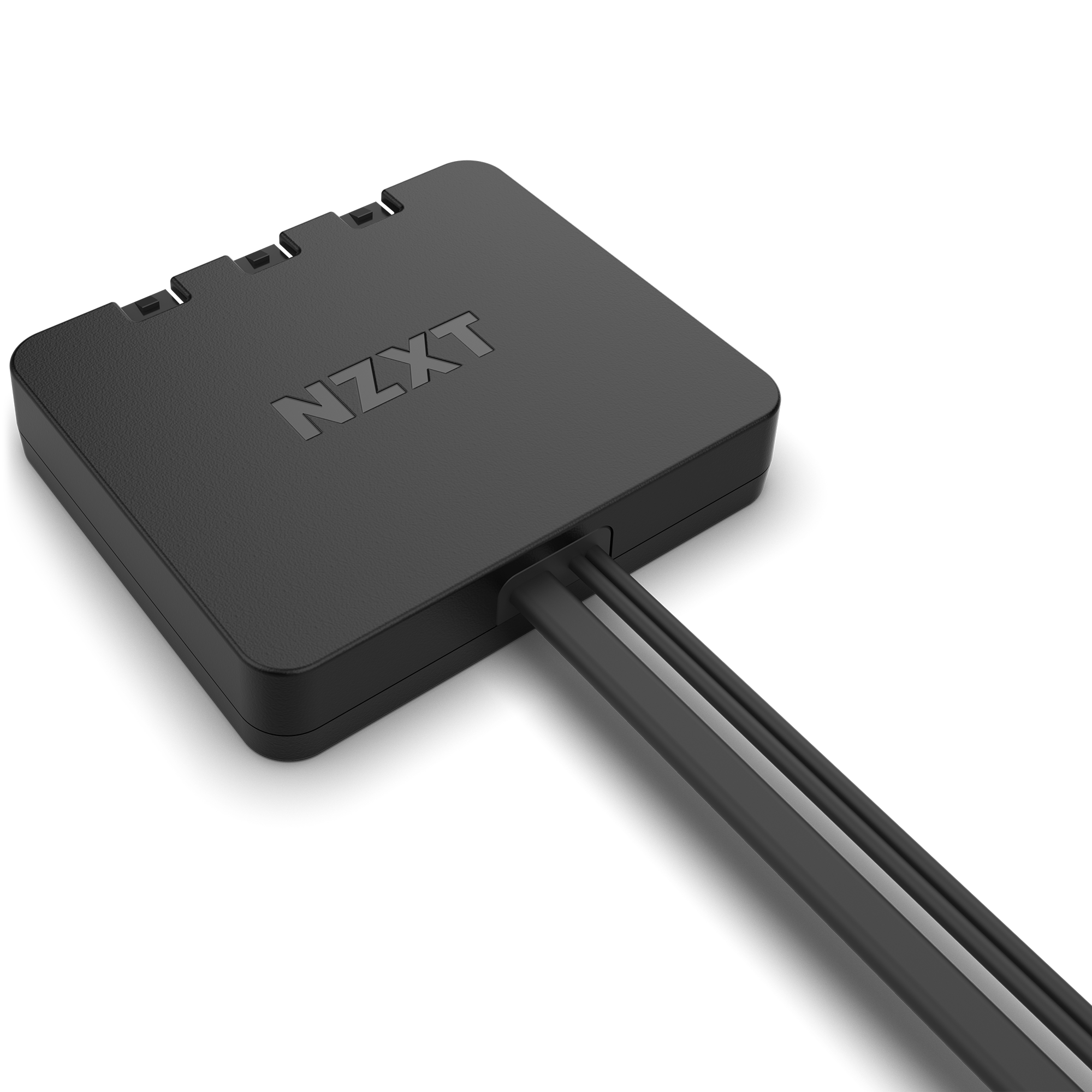 The NZXT F140 RGB Twin Pack includes a black rectangular component with three top ports and two side cables, designed to connect F140 RGB fans and control their vibrant RGB lighting effects.