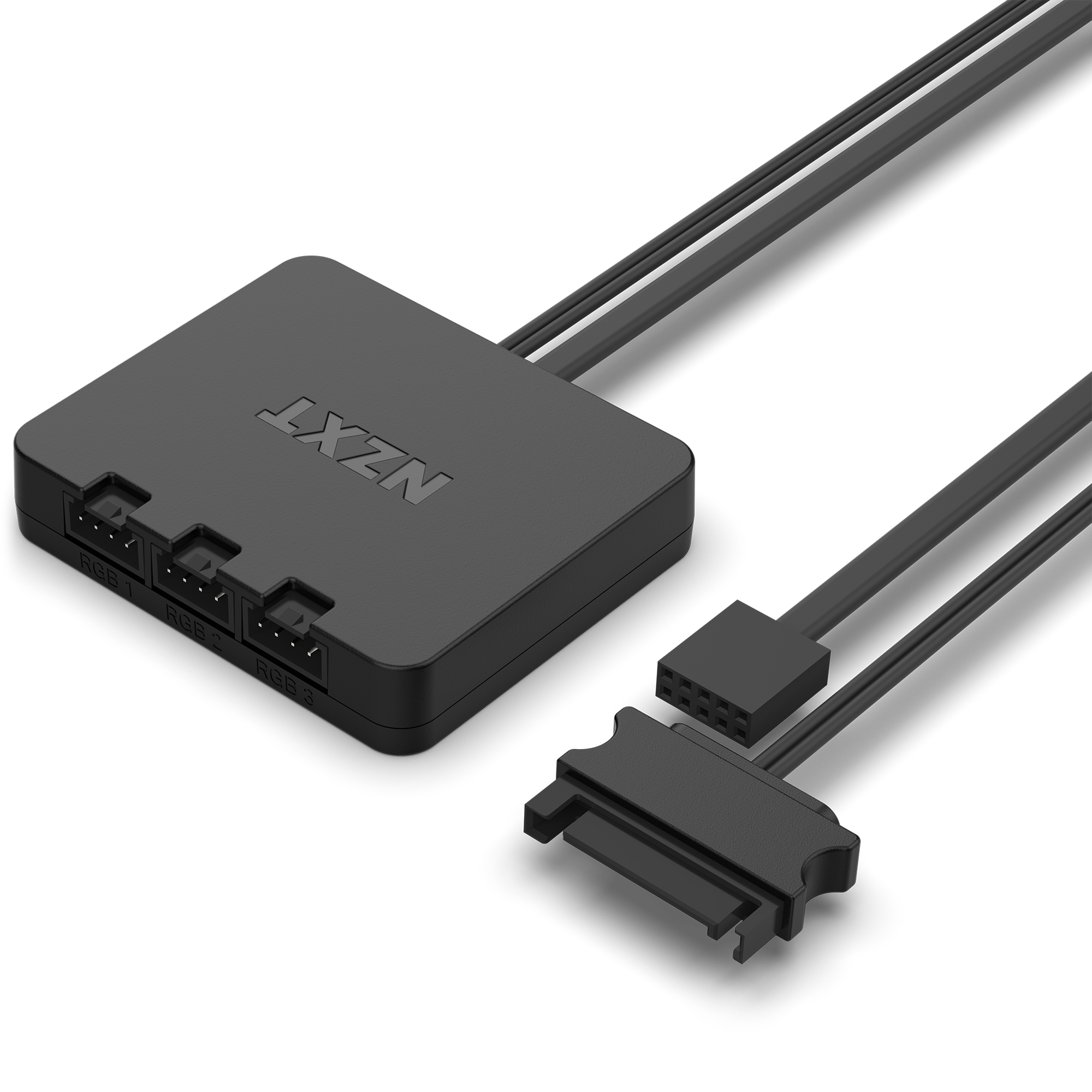 The NZXT F120 RGB Triple Pack is a black device with three labeled ports and attached cables, including a flat connector and SATA power, for connecting RGB fans or devices compatible with NZXT CAM in PC setups.