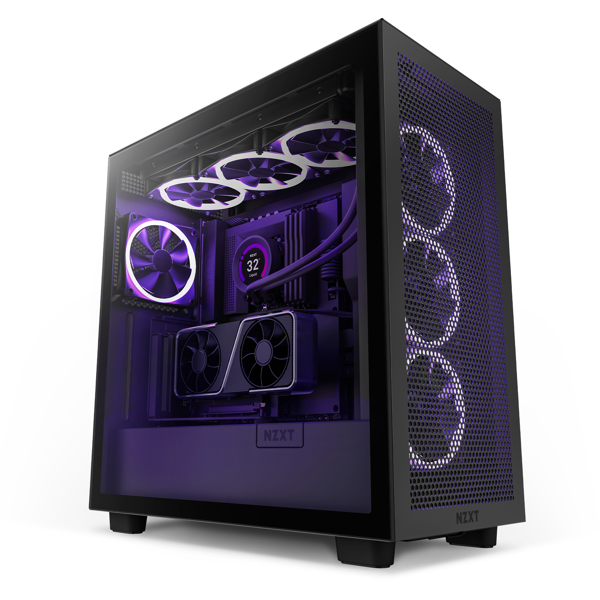 An NZXT black gaming PC with a transparent side panel showcases RGB-lit cooling fans, liquid cooling, and an NZXT H7 Series chassis, featuring an NZXT Vertical GPU Mounting Kit with a PCIe 4.0 Riser Cable.