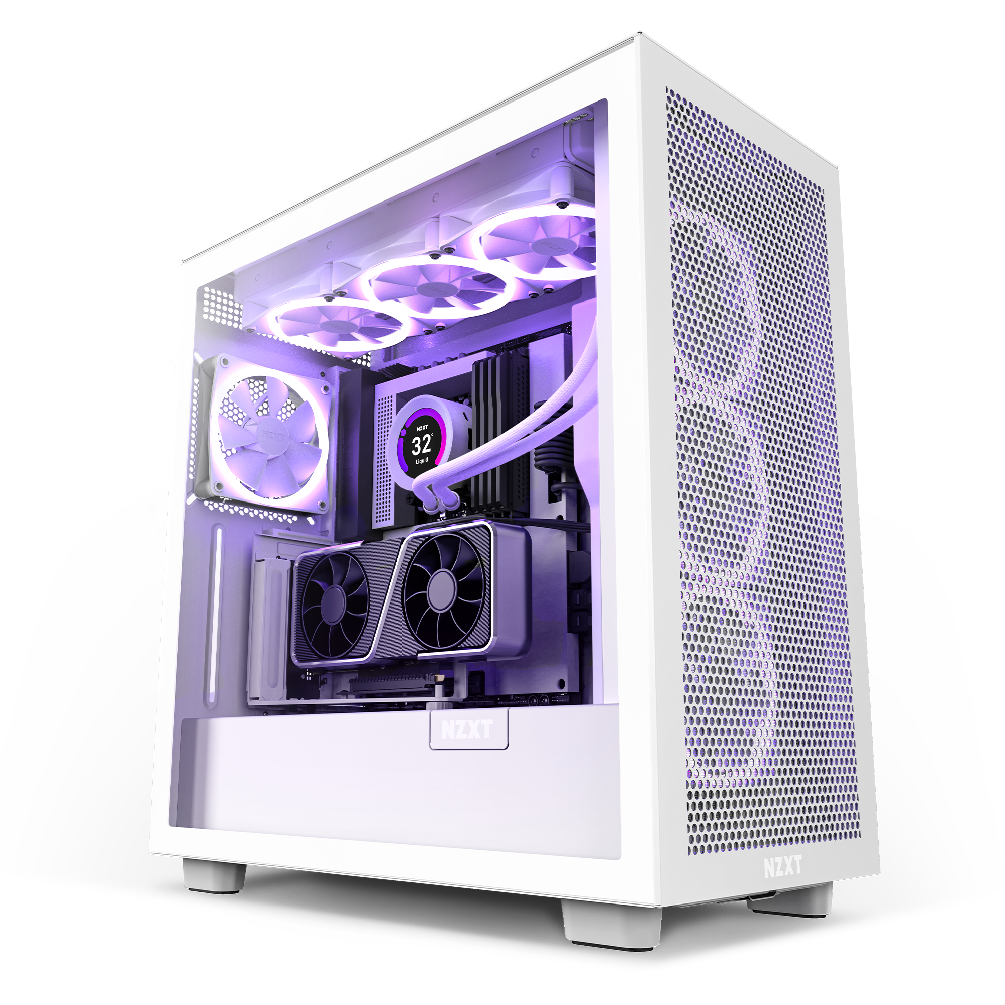 A white NZXT H5 case with a transparent side displays internal parts: RGB fans, a circular CPU cooler, and a graphics card vertically mounted using the NZXT Vertical GPU Mounting Kit, all glowing purple.