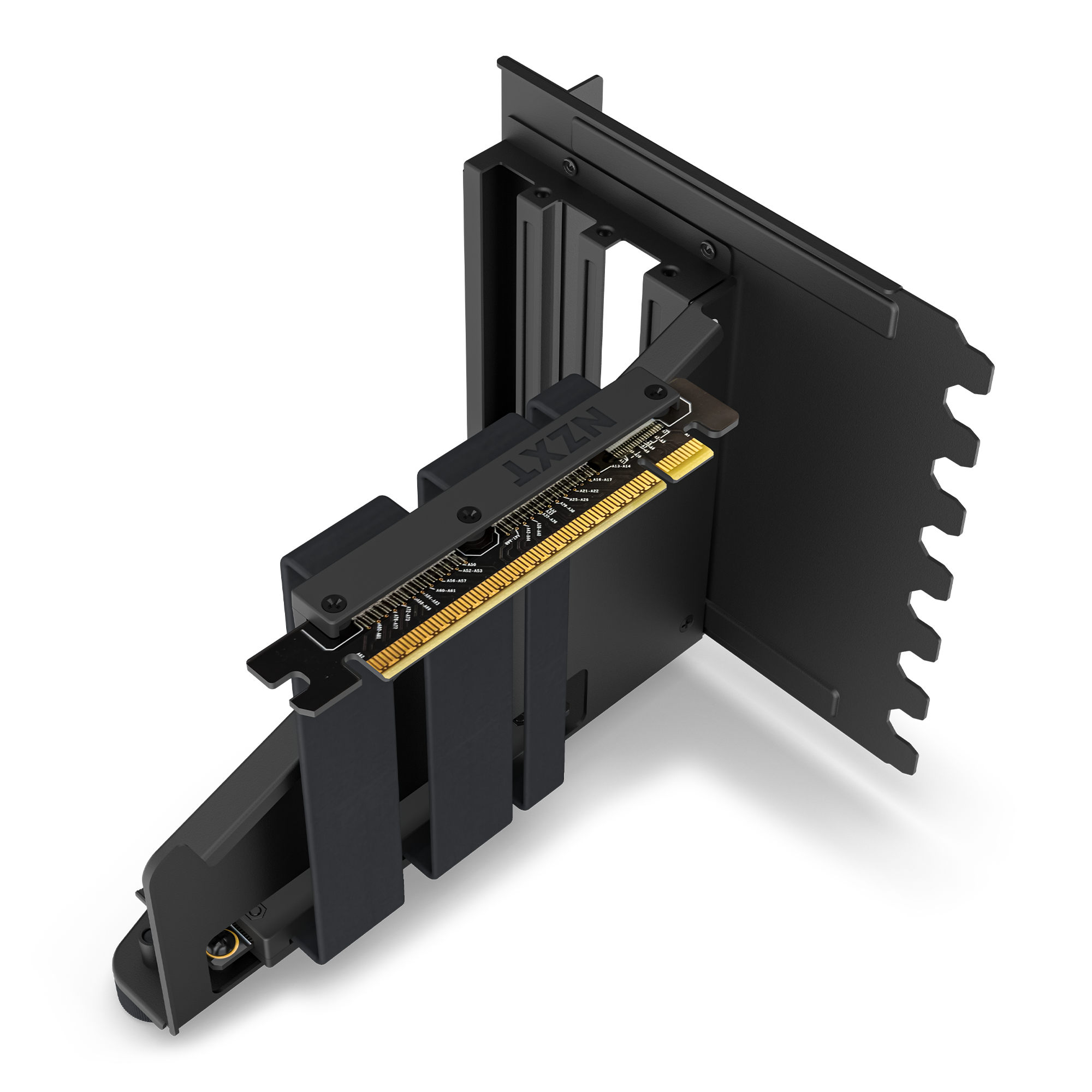 The NZXT Vertical GPU Mounting Kit, shown at an angle with gold contacts and bracket, is a black PCIe 4.0 riser cable designed for vertically mounting GPUs in NZXT H5, H6, H7, or H9 Series cases.
