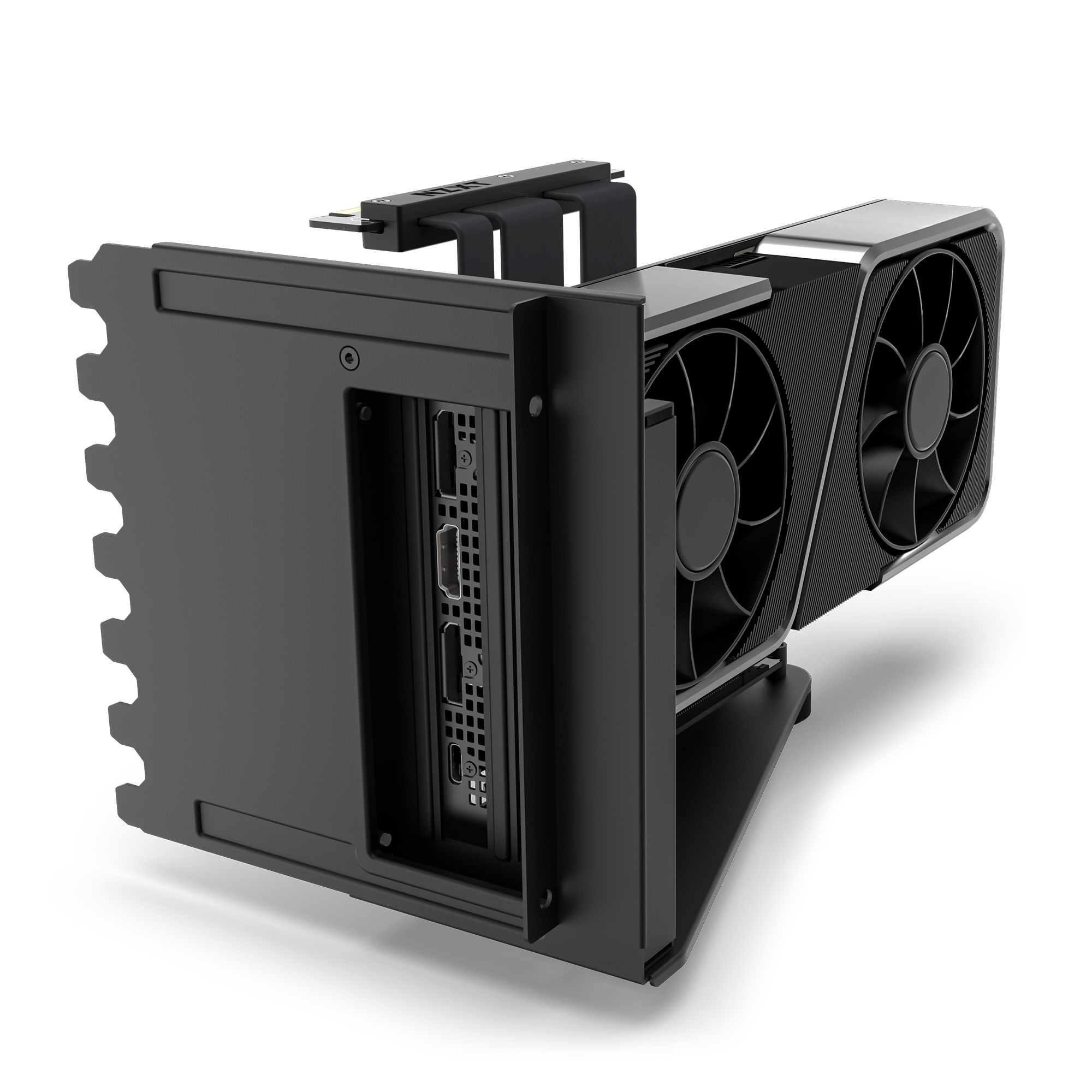 The NZXT Vertical GPU Mounting Kit displays a black graphics card with dual fans mounted vertically via a PCIe 4.0 riser cable, showing side ports—perfect for NZXT H5, H6, H7, and H9 Series cases.